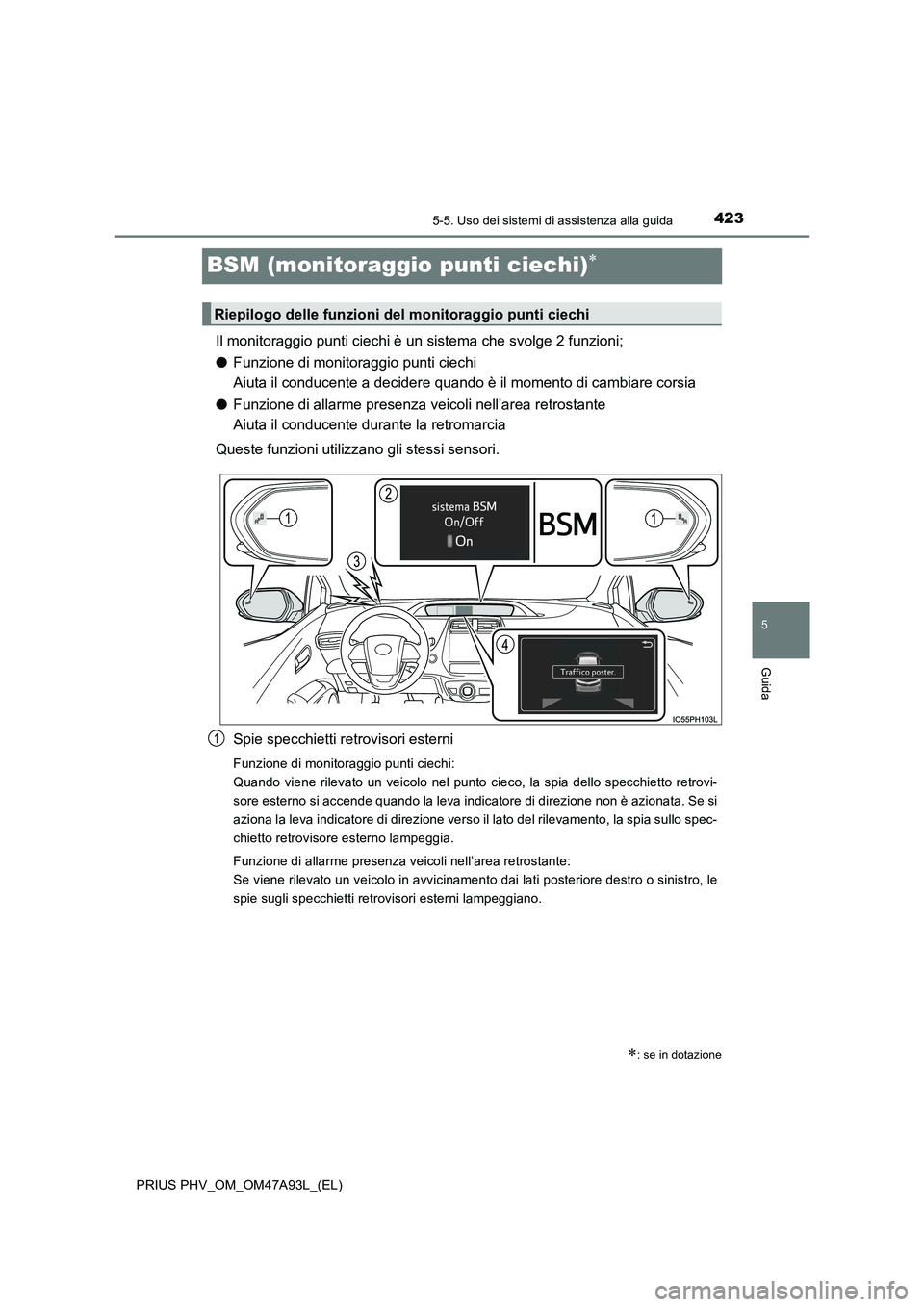 TOYOTA PRIUS PLUG-IN HYBRID 2016 Manuale duso (in Italian) 4235-5. Uso dei sistemi di assistenza alla guida
PRIUS PHV_OM_OM47A93L_(EL)
5
Guida
BSM (monitoraggio punti ciechi)
Il monitoraggio punti ciechi è un sistema che svolge 2 funzioni;
●Funzione di TOYOTA PRIUS PLUG-IN HYBRID 2016 Manuale duso (in Italian) 4235-5. Uso dei sistemi di assistenza alla guida
PRIUS PHV_OM_OM47A93L_(EL)
5
Guida
BSM (monitoraggio punti ciechi)
Il monitoraggio punti ciechi è un sistema che svolge 2 funzioni;
●Funzione di