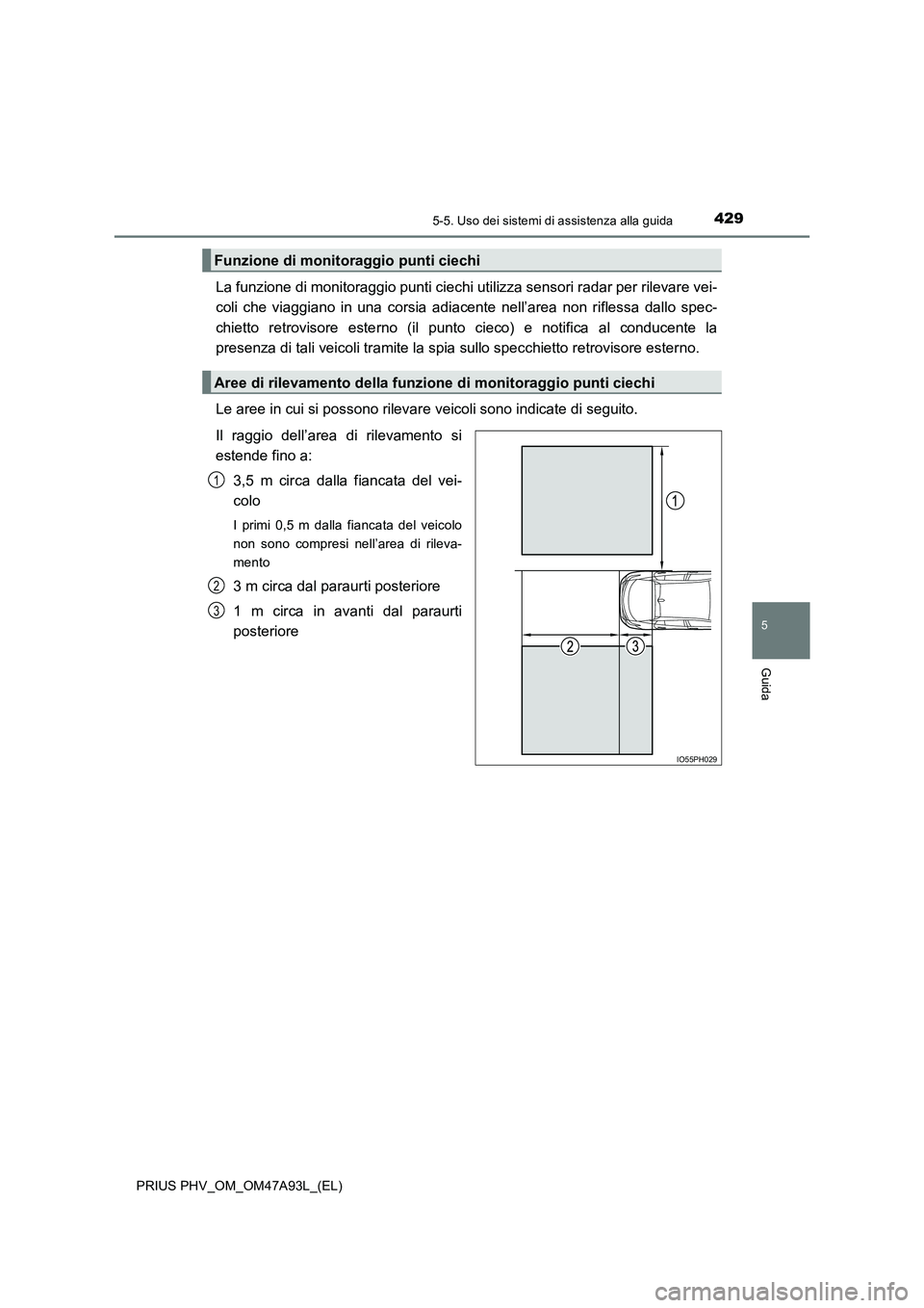 TOYOTA PRIUS PLUG-IN HYBRID 2016 Manuale duso (in Italian) 4295-5. Uso dei sistemi di assistenza alla guida
PRIUS PHV_OM_OM47A93L_(EL)
5
Guida
La funzione di monitoraggio punti ciechi utilizza sensori radar per rilevare vei-
coli che viaggiano in una corsia a TOYOTA PRIUS PLUG-IN HYBRID 2016 Manuale duso (in Italian) 4295-5. Uso dei sistemi di assistenza alla guida
PRIUS PHV_OM_OM47A93L_(EL)
5
Guida
La funzione di monitoraggio punti ciechi utilizza sensori radar per rilevare vei-
coli che viaggiano in una corsia a