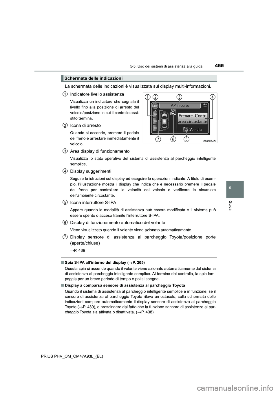 TOYOTA PRIUS PLUG-IN HYBRID 2016 Manuale duso (in Italian) 4655-5. Uso dei sistemi di assistenza alla guida
PRIUS PHV_OM_OM47A93L_(EL)
5
Guida
La schermata delle indicazioni è visualizzata sul display multi-informazioni.
Indicatore livello assistenza
Visuali TOYOTA PRIUS PLUG-IN HYBRID 2016 Manuale duso (in Italian) 4655-5. Uso dei sistemi di assistenza alla guida
PRIUS PHV_OM_OM47A93L_(EL)
5
Guida
La schermata delle indicazioni è visualizzata sul display multi-informazioni.
Indicatore livello assistenza
Visuali