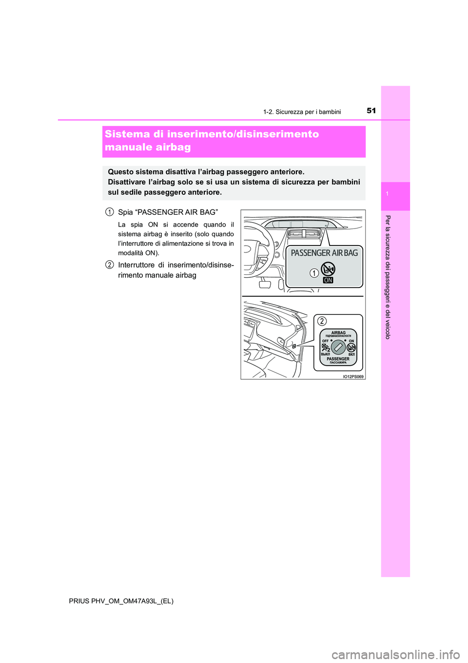 TOYOTA PRIUS PLUG-IN HYBRID 2016 Manuale duso (in Italian) 511-2. Sicurezza per i bambini
1
PRIUS PHV_OM_OM47A93L_(EL)
Per la sicurezza dei passeggeri e del veicolo
Sistema di inserimento/disinserimento
manuale airbag
Spia “PASSENGER AIR BAG”
La spia ON TOYOTA PRIUS PLUG-IN HYBRID 2016 Manuale duso (in Italian) 511-2. Sicurezza per i bambini
1
PRIUS PHV_OM_OM47A93L_(EL)
Per la sicurezza dei passeggeri e del veicolo
Sistema di inserimento/disinserimento
manuale airbag
Spia “PASSENGER AIR BAG”
La spia ON