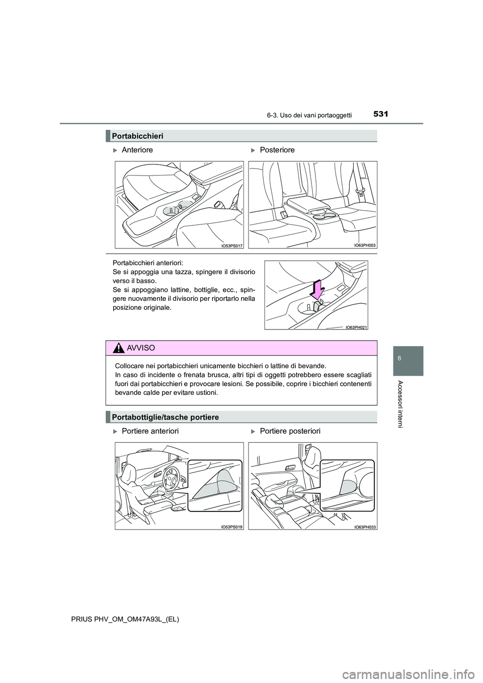 TOYOTA PRIUS PLUG-IN HYBRID 2016  Manuale duso (in Italian) 5316-3. Uso dei vani portaoggetti
PRIUS PHV_OM_OM47A93L_(EL)
6
Accessori interni
Portabicchieri
AnteriorePosteriore
Portabicchieri anteriori:  
Se si appoggia una tazza, spingere il divisorio 
v