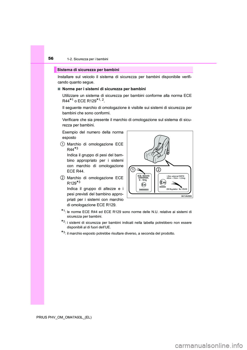 TOYOTA PRIUS PLUG-IN HYBRID 2016 Manuale duso (in Italian) 561-2. Sicurezza per i bambini
PRIUS PHV_OM_OM47A93L_(EL)
Installare sul veicolo il sistema di sicurezza per bambini disponibile verifi-
cando quanto segue.
■Norme per i sistemi di sicurezza per ba TOYOTA PRIUS PLUG-IN HYBRID 2016 Manuale duso (in Italian) 561-2. Sicurezza per i bambini
PRIUS PHV_OM_OM47A93L_(EL)
Installare sul veicolo il sistema di sicurezza per bambini disponibile verifi-
cando quanto segue.
■Norme per i sistemi di sicurezza per ba