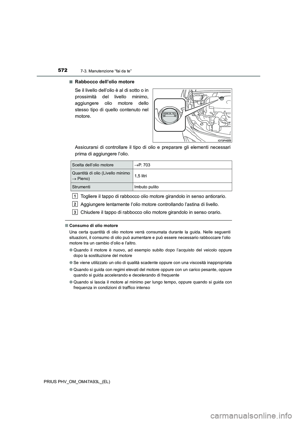 TOYOTA PRIUS PLUG-IN HYBRID 2016 Manuale duso (in Italian) 5727-3. Manutenzione “fai da te”
PRIUS PHV_OM_OM47A93L_(EL)
■Rabbocco dell’olio motore
Se il livello dell’olio è al di sotto o in
prossimità del livello minimo,
aggiungere olio motore d TOYOTA PRIUS PLUG-IN HYBRID 2016 Manuale duso (in Italian) 5727-3. Manutenzione “fai da te”
PRIUS PHV_OM_OM47A93L_(EL)
■Rabbocco dell’olio motore
Se il livello dell’olio è al di sotto o in
prossimità del livello minimo,
aggiungere olio motore d