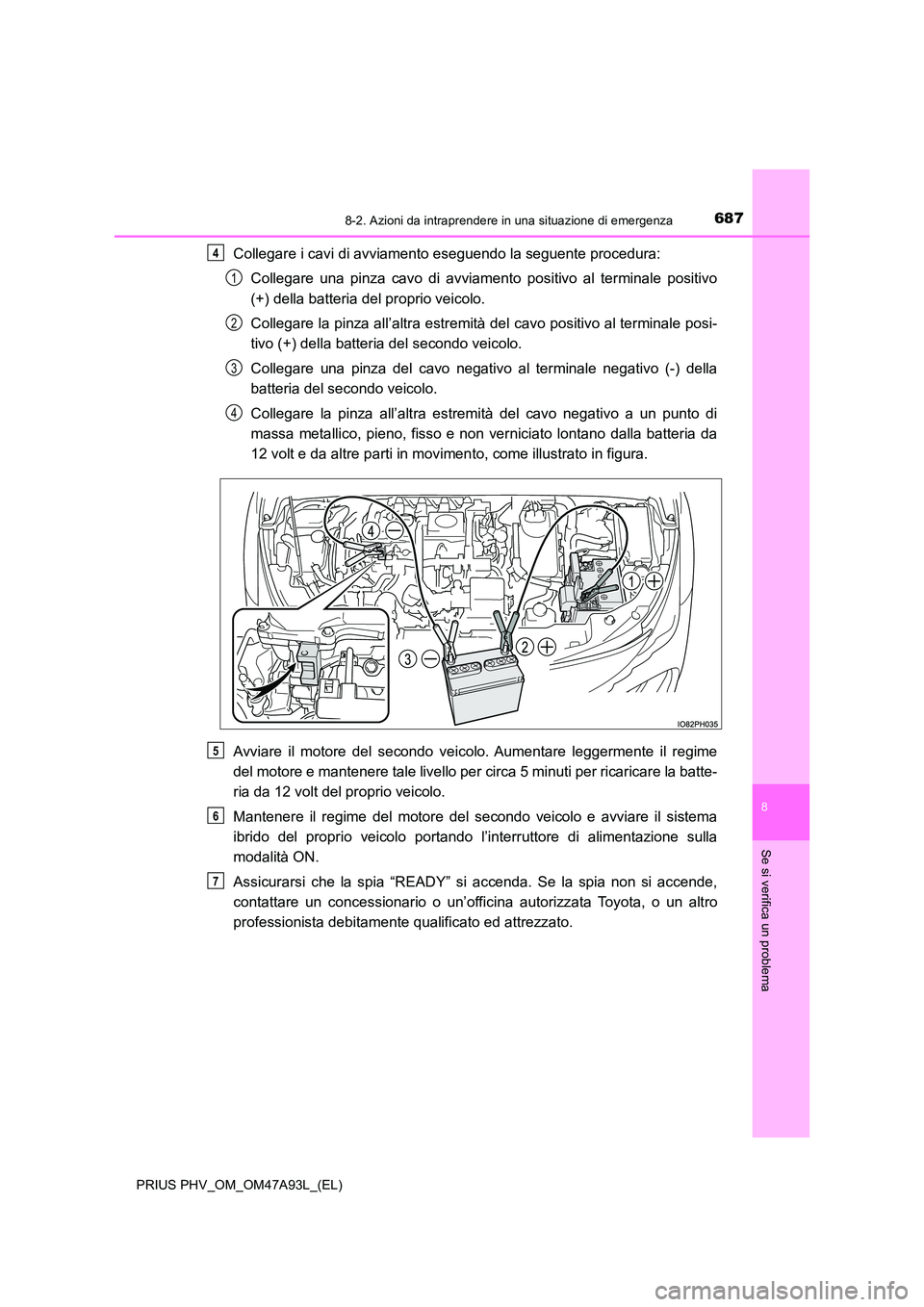 TOYOTA PRIUS PLUG-IN HYBRID 2016 Manuale duso (in Italian) 6878-2. Azioni da intraprendere in una situazione di emergenza
PRIUS PHV_OM_OM47A93L_(EL)
8
Se si verifica un problema
Collegare i cavi di avviamento eseguendo la seguente procedura:
Collegare una pi TOYOTA PRIUS PLUG-IN HYBRID 2016 Manuale duso (in Italian) 6878-2. Azioni da intraprendere in una situazione di emergenza
PRIUS PHV_OM_OM47A93L_(EL)
8
Se si verifica un problema
Collegare i cavi di avviamento eseguendo la seguente procedura:
Collegare una pi