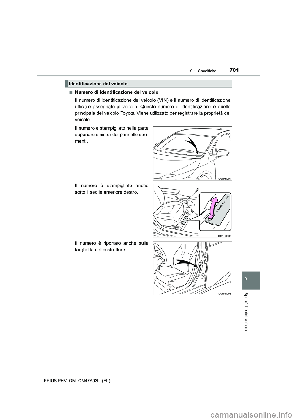 TOYOTA PRIUS PLUG-IN HYBRID 2016 Manuale duso (in Italian) 7019-1. Specifiche
PRIUS PHV_OM_OM47A93L_(EL)
9
Specifiche del veicolo
■Numero di identificazione del veicolo
Il numero di identificazione del veicol o (VIN) è il numero di identificazione
uffici TOYOTA PRIUS PLUG-IN HYBRID 2016 Manuale duso (in Italian) 7019-1. Specifiche
PRIUS PHV_OM_OM47A93L_(EL)
9
Specifiche del veicolo
■Numero di identificazione del veicolo
Il numero di identificazione del veicol o (VIN) è il numero di identificazione
uffici