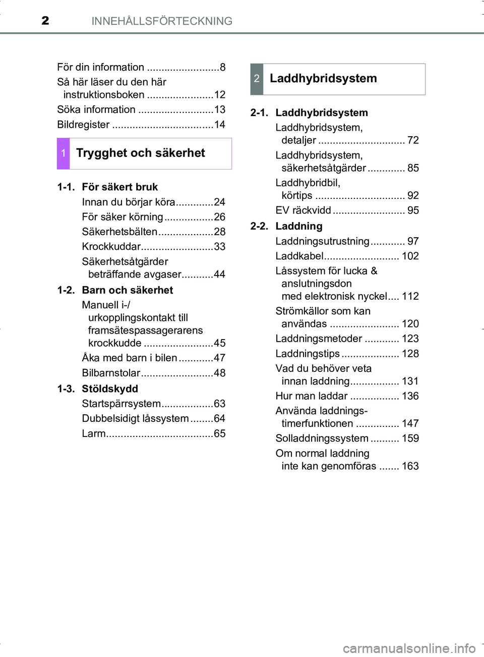 TOYOTA PRIUS PLUG-IN HYBRID 2017 Bruksanvisningar (in Swedish) INNEHÅLLSFÖRTECKNING2
OM47A89SEFör din information .........................8
Så här läser du den här
instruktionsboken .......................12
Söka information ..........................13 TOYOTA PRIUS PLUG-IN HYBRID 2017 Bruksanvisningar (in Swedish) INNEHÅLLSFÖRTECKNING2
OM47A89SEFör din information .........................8
Så här läser du den här
instruktionsboken .......................12
Söka information ..........................13
