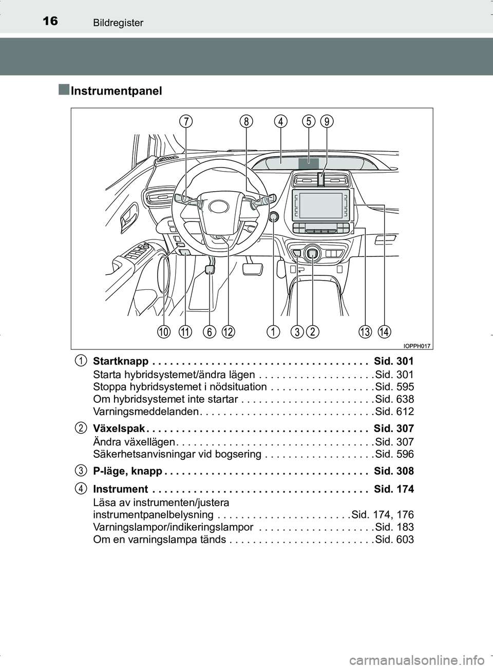 TOYOTA PRIUS PLUG-IN HYBRID 2017 Bruksanvisningar (in Swedish) 16Bildregister
OM47A89SE
■Instrumentpanel
Startknapp . . . . . . . . . . . . . . . . . . . . . . . . . . . . . . . . . . . . . Sid. 301
Starta hybridsystemet/ändra lägen . . . . . . . . . . . . TOYOTA PRIUS PLUG-IN HYBRID 2017 Bruksanvisningar (in Swedish) 16Bildregister
OM47A89SE
■Instrumentpanel
Startknapp . . . . . . . . . . . . . . . . . . . . . . . . . . . . . . . . . . . . . Sid. 301
Starta hybridsystemet/ändra lägen . . . . . . . . . . . .