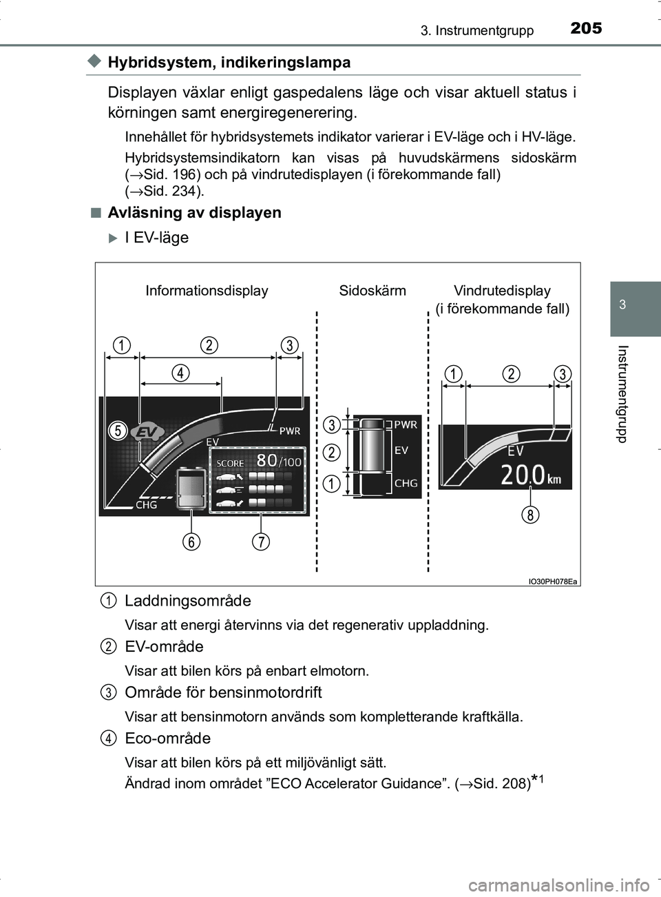 TOYOTA PRIUS PLUG-IN HYBRID 2017 Bruksanvisningar (in Swedish) 2053. Instrumentgrupp
3
Instrumentgrupp
OM47A89SE
◆Hybridsystem, indikeringslampa
Displayen växlar enligt gaspedalens läge och visar aktuell status i
körningen samt energiregenerering.
Innehålle TOYOTA PRIUS PLUG-IN HYBRID 2017 Bruksanvisningar (in Swedish) 2053. Instrumentgrupp
3
Instrumentgrupp
OM47A89SE
◆Hybridsystem, indikeringslampa
Displayen växlar enligt gaspedalens läge och visar aktuell status i
körningen samt energiregenerering.
Innehålle