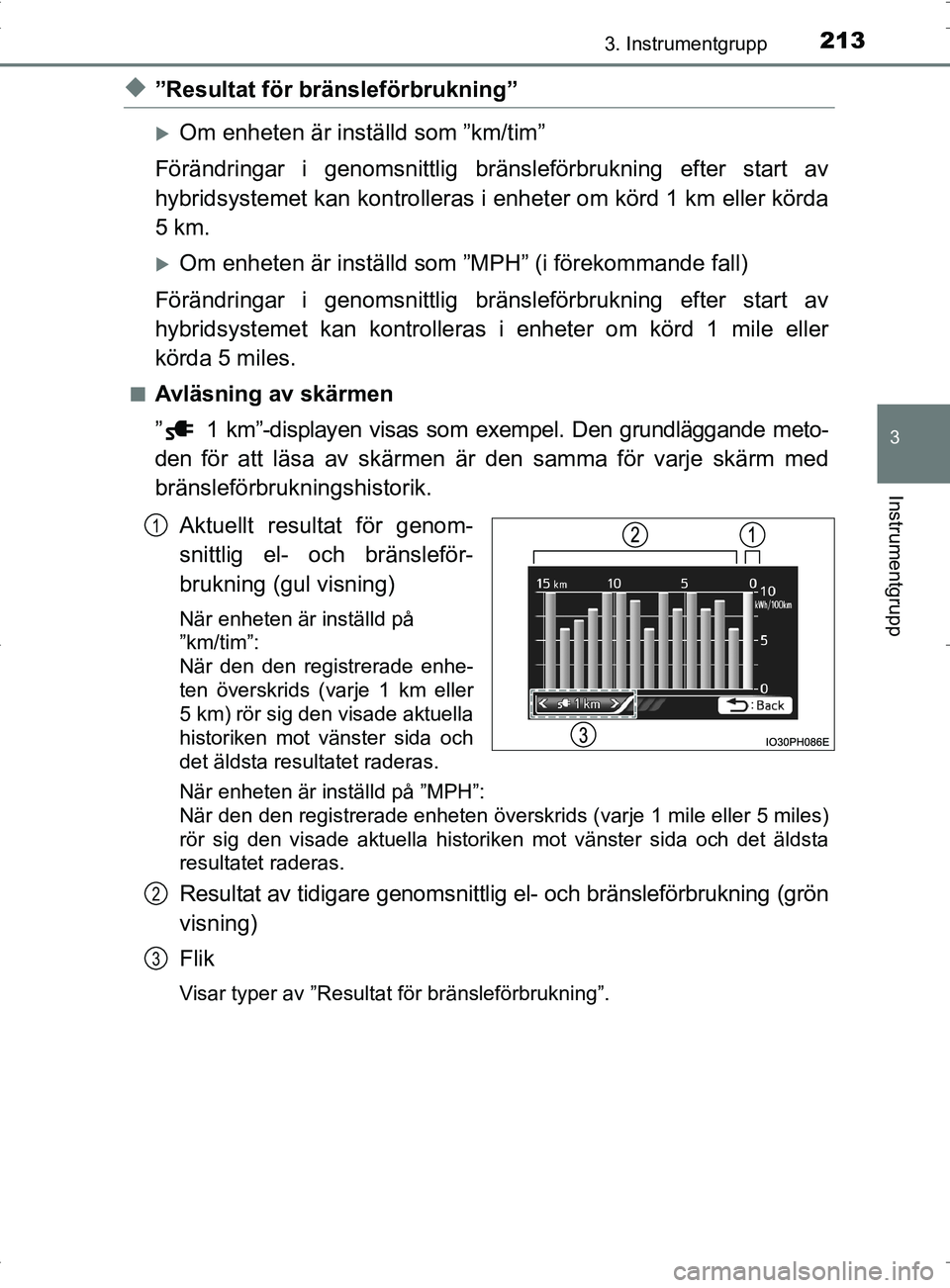 TOYOTA PRIUS PLUG-IN HYBRID 2017 Bruksanvisningar (in Swedish) 2133. Instrumentgrupp
3
Instrumentgrupp
OM47A89SE
◆”Resultat för bränsleförbrukning”
Om enheten är inställd som ”km/tim”
Förändringar i genomsnittlig bränsleförbrukning efter sta TOYOTA PRIUS PLUG-IN HYBRID 2017 Bruksanvisningar (in Swedish) 2133. Instrumentgrupp
3
Instrumentgrupp
OM47A89SE
◆”Resultat för bränsleförbrukning”
Om enheten är inställd som ”km/tim”
Förändringar i genomsnittlig bränsleförbrukning efter sta