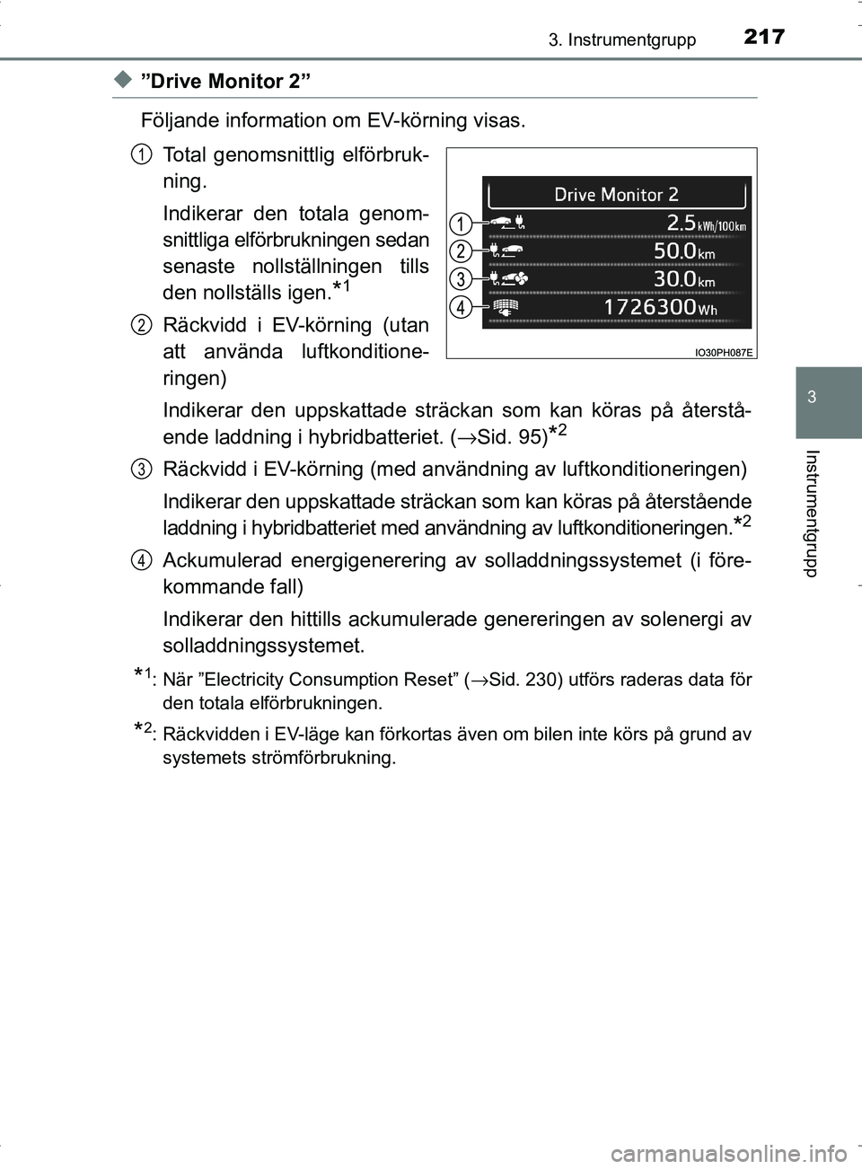 TOYOTA PRIUS PLUG-IN HYBRID 2017 Bruksanvisningar (in Swedish) 2173. Instrumentgrupp
3
Instrumentgrupp
OM47A89SE
◆”Drive Monitor 2”
Följande information om EV-körning visas.Total genomsnittlig elförbruk-
ning.
Indikerar den totala genom-
snittliga elför TOYOTA PRIUS PLUG-IN HYBRID 2017 Bruksanvisningar (in Swedish) 2173. Instrumentgrupp
3
Instrumentgrupp
OM47A89SE
◆”Drive Monitor 2”
Följande information om EV-körning visas.Total genomsnittlig elförbruk-
ning.
Indikerar den totala genom-
snittliga elför