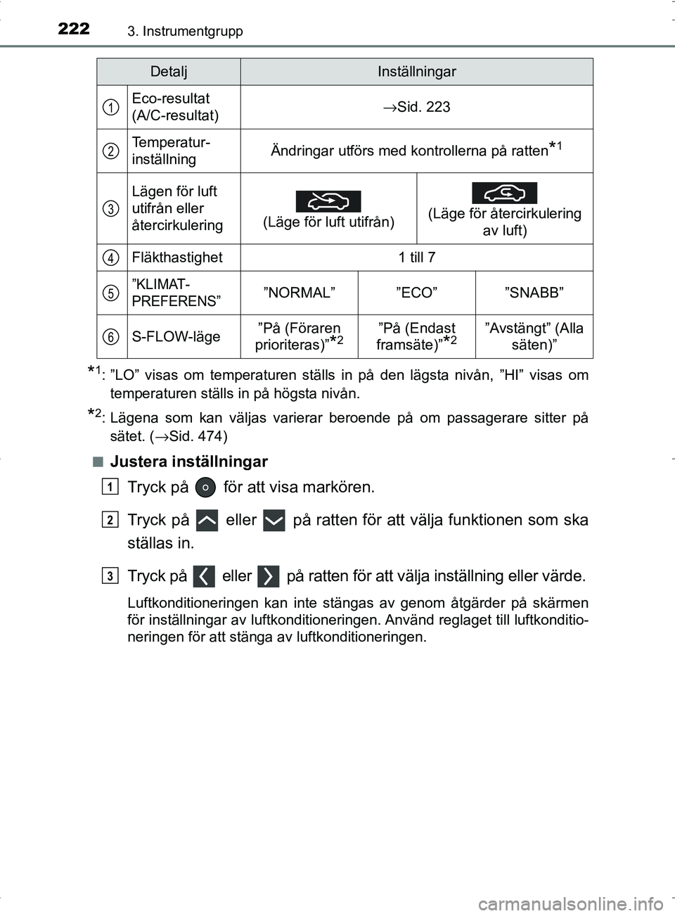 TOYOTA PRIUS PLUG-IN HYBRID 2017 Bruksanvisningar (in Swedish) 2223. Instrumentgrupp
OM47A89SE
*1: ”LO” visas om temperaturen ställs in på den lägsta nivån, ”HI” visas omtemperaturen ställs in på högsta nivån.
*2: Lägena som kan väljas varierar TOYOTA PRIUS PLUG-IN HYBRID 2017 Bruksanvisningar (in Swedish) 2223. Instrumentgrupp
OM47A89SE
*1: ”LO” visas om temperaturen ställs in på den lägsta nivån, ”HI” visas omtemperaturen ställs in på högsta nivån.
*2: Lägena som kan väljas varierar