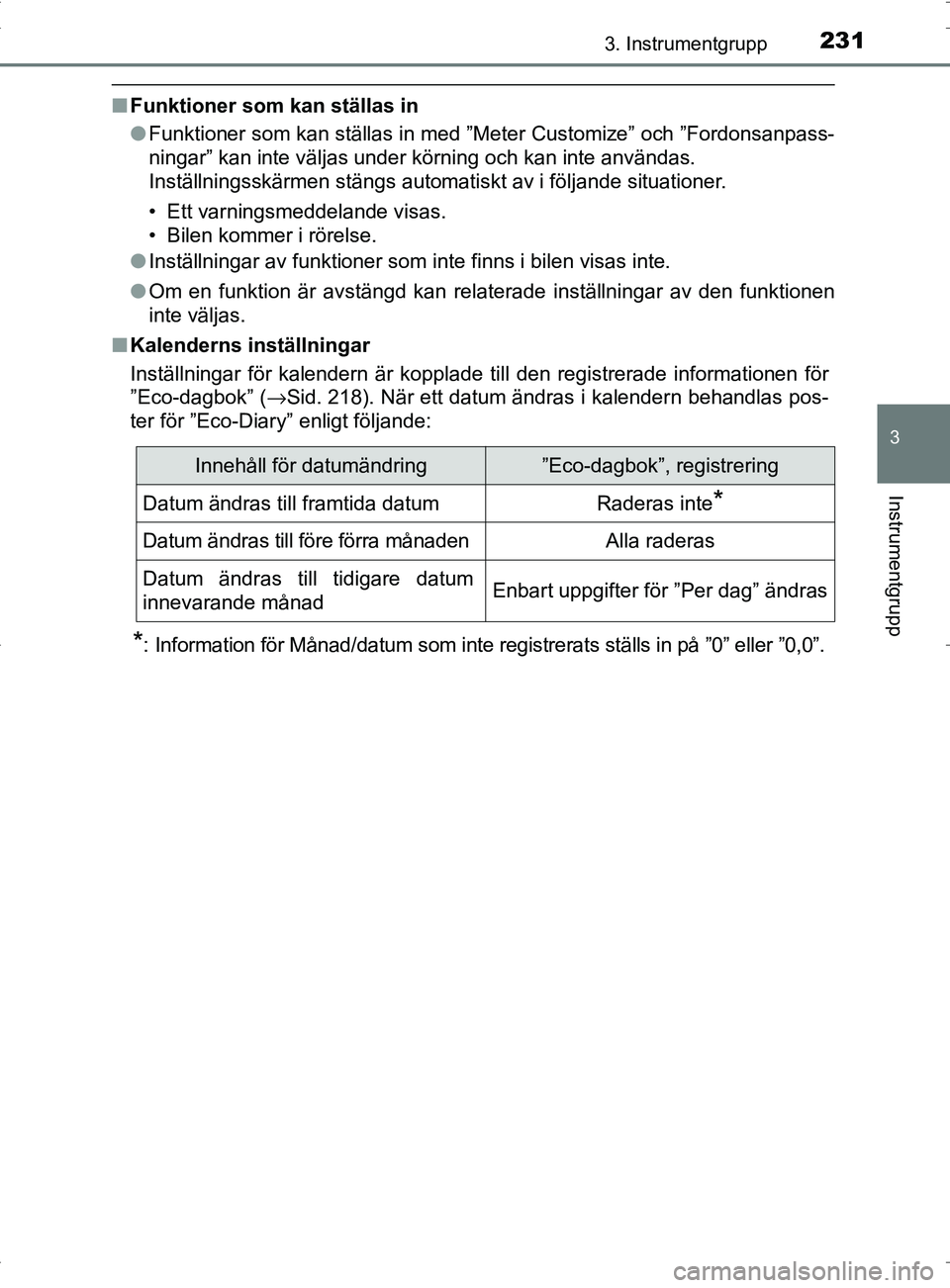 TOYOTA PRIUS PLUG-IN HYBRID 2017 Bruksanvisningar (in Swedish) 2313. Instrumentgrupp
3
Instrumentgrupp
OM47A89SE
■Funktioner som kan ställas in
●Funktioner som kan ställas in med ”Meter Customize” och ”Fordonsanpass-
ningar” kan inte väljas under k TOYOTA PRIUS PLUG-IN HYBRID 2017 Bruksanvisningar (in Swedish) 2313. Instrumentgrupp
3
Instrumentgrupp
OM47A89SE
■Funktioner som kan ställas in
●Funktioner som kan ställas in med ”Meter Customize” och ”Fordonsanpass-
ningar” kan inte väljas under k