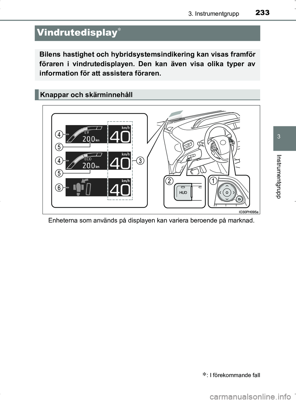 TOYOTA PRIUS PLUG-IN HYBRID 2017 Bruksanvisningar (in Swedish) 2333. Instrumentgrupp
OM47A89SE
3
Instrumentgrupp
Vindrutedisplay∗
Enheterna som används på displayen kan variera beroende på marknad.
∗: I förekommande fall
Bilens hastighet och hybridsystems TOYOTA PRIUS PLUG-IN HYBRID 2017 Bruksanvisningar (in Swedish) 2333. Instrumentgrupp
OM47A89SE
3
Instrumentgrupp
Vindrutedisplay∗
Enheterna som används på displayen kan variera beroende på marknad.
∗: I förekommande fall
Bilens hastighet och hybridsystems