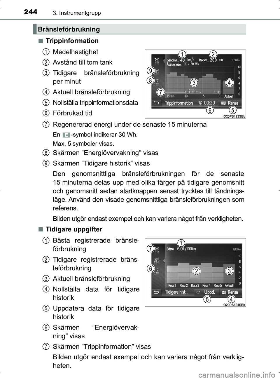 TOYOTA PRIUS PLUG-IN HYBRID 2017 Bruksanvisningar (in Swedish) 2443. Instrumentgrupp
OM47A89SE■
Trippinformation
Medelhastighet
Avstånd till tom tank
Tidigare bränsleförbrukning
per minut
Aktuell bränsleförbrukning
Nollställa trippinformationsdata
Förbru TOYOTA PRIUS PLUG-IN HYBRID 2017 Bruksanvisningar (in Swedish) 2443. Instrumentgrupp
OM47A89SE■
Trippinformation
Medelhastighet
Avstånd till tom tank
Tidigare bränsleförbrukning
per minut
Aktuell bränsleförbrukning
Nollställa trippinformationsdata
Förbru
