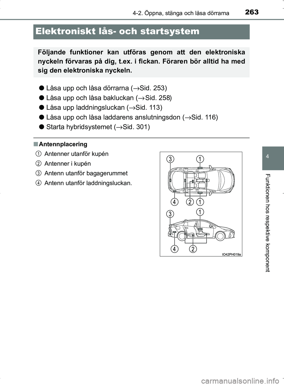 TOYOTA PRIUS PLUG-IN HYBRID 2017 Bruksanvisningar (in Swedish) 2634-2. Öppna, stänga och låsa dörrarna
OM47A89SE
4
Funktionen hos respektive komponent
Elektroniskt lås- och startsystem
●Låsa upp och låsa dörrarna ( →Sid. 253)
● Låsa upp och låsa b TOYOTA PRIUS PLUG-IN HYBRID 2017 Bruksanvisningar (in Swedish) 2634-2. Öppna, stänga och låsa dörrarna
OM47A89SE
4
Funktionen hos respektive komponent
Elektroniskt lås- och startsystem
●Låsa upp och låsa dörrarna ( →Sid. 253)
● Låsa upp och låsa b
