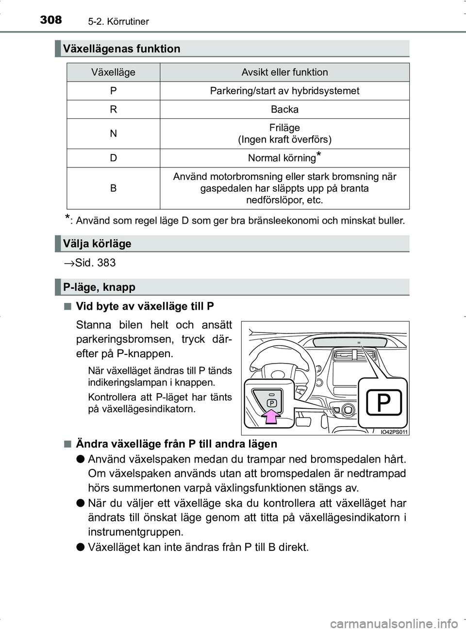 TOYOTA PRIUS PLUG-IN HYBRID 2017 Bruksanvisningar (in Swedish) 3085-2. Körrutiner
OM47A89SE
*: Använd som regel läge D som ger bra bränsleekonomi och minskat buller.
→Sid. 383
■Vid byte av växelläge till P
Stanna bilen helt och ansätt
parkeringsbromsen TOYOTA PRIUS PLUG-IN HYBRID 2017 Bruksanvisningar (in Swedish) 3085-2. Körrutiner
OM47A89SE
*: Använd som regel läge D som ger bra bränsleekonomi och minskat buller.
→Sid. 383
■Vid byte av växelläge till P
Stanna bilen helt och ansätt
parkeringsbromsen