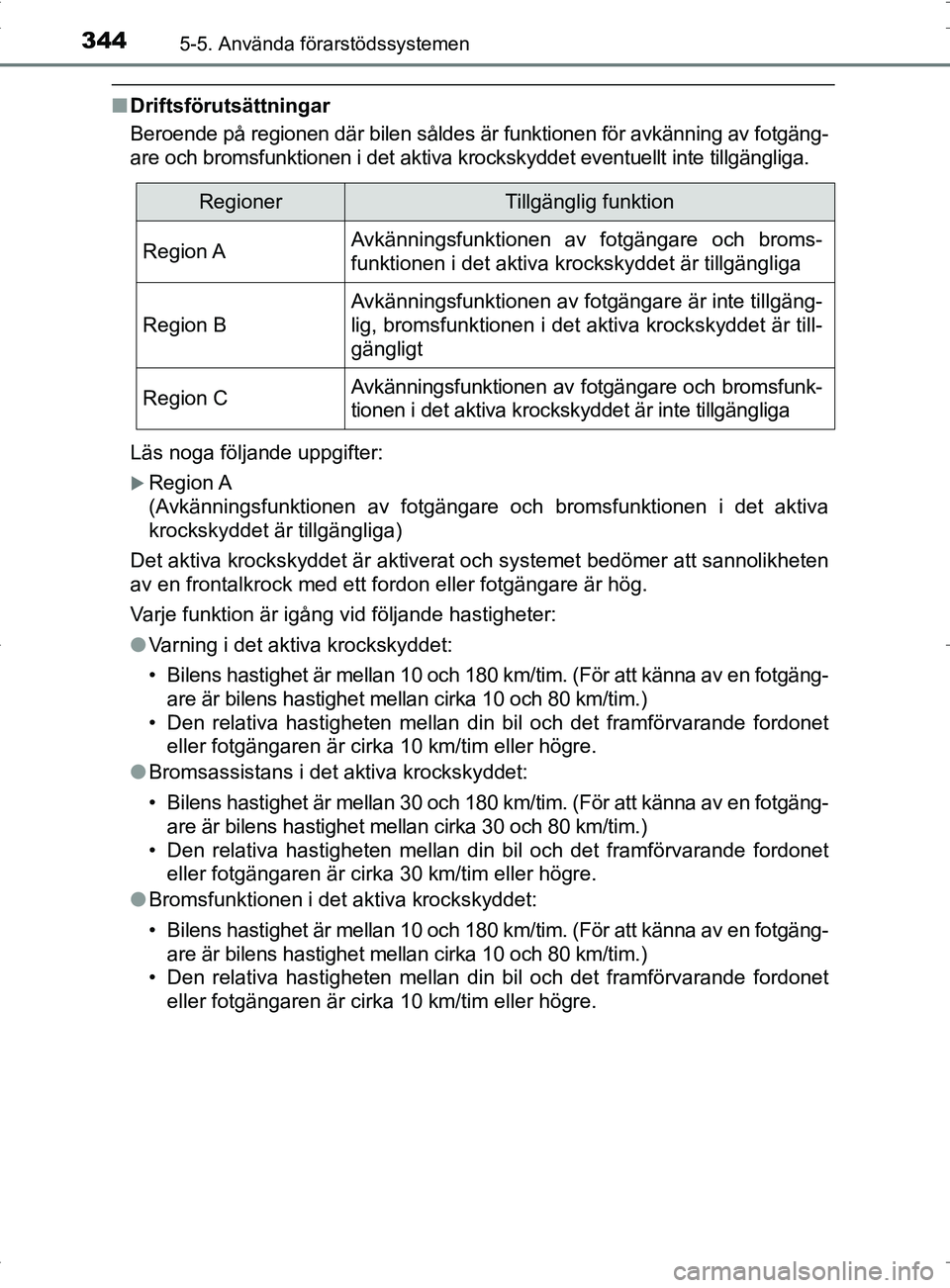 TOYOTA PRIUS PLUG-IN HYBRID 2017 Bruksanvisningar (in Swedish) 3445-5. Använda förarstödssystemen
OM47A89SE
■Driftsförutsättningar
Beroende på regionen där bilen såldes är funktionen för avkänning av fotgäng-
are och bromsfunktionen i det aktiva kro TOYOTA PRIUS PLUG-IN HYBRID 2017 Bruksanvisningar (in Swedish) 3445-5. Använda förarstödssystemen
OM47A89SE
■Driftsförutsättningar
Beroende på regionen där bilen såldes är funktionen för avkänning av fotgäng-
are och bromsfunktionen i det aktiva kro