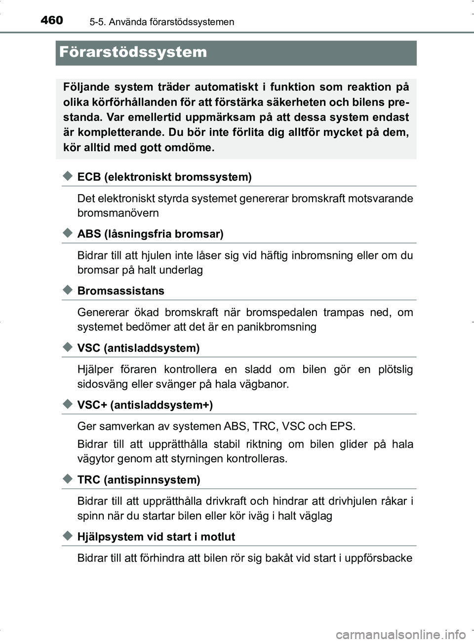 TOYOTA PRIUS PLUG-IN HYBRID 2017 Bruksanvisningar (in Swedish) 4605-5. Använda förarstödssystemen
OM47A89SE
Förarstödssystem
◆ECB (elektroniskt bromssystem)
Det elektroniskt styrda systemet genererar bromskraft motsvarande
bromsmanövern
◆ABS (låsningsf TOYOTA PRIUS PLUG-IN HYBRID 2017 Bruksanvisningar (in Swedish) 4605-5. Använda förarstödssystemen
OM47A89SE
Förarstödssystem
◆ECB (elektroniskt bromssystem)
Det elektroniskt styrda systemet genererar bromskraft motsvarande
bromsmanövern
◆ABS (låsningsf