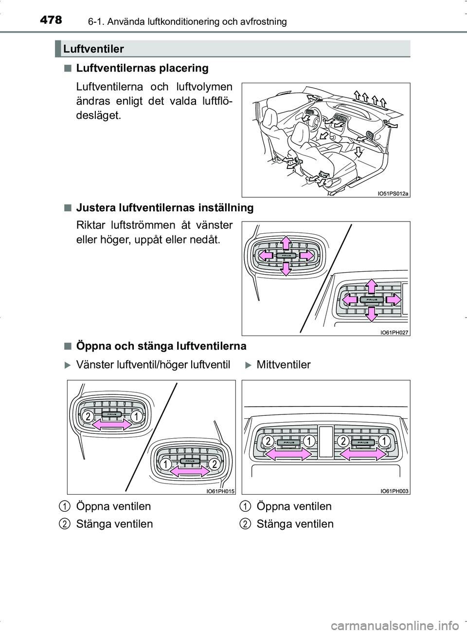 TOYOTA PRIUS PLUG-IN HYBRID 2017 Bruksanvisningar (in Swedish) 4786-1. Använda luftkonditionering och avfrostning
OM47A89SE■
Luftventilernas placering
Luftventilerna och luftvolymen
ändras enligt det valda luftflö-
desläget.
■Justera luftventilernas inst TOYOTA PRIUS PLUG-IN HYBRID 2017 Bruksanvisningar (in Swedish) 4786-1. Använda luftkonditionering och avfrostning
OM47A89SE■
Luftventilernas placering
Luftventilerna och luftvolymen
ändras enligt det valda luftflö-
desläget.
■Justera luftventilernas inst