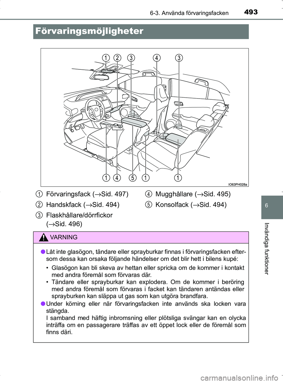TOYOTA PRIUS PLUG-IN HYBRID 2017 Bruksanvisningar (in Swedish) 4936-3. Använda förvaringsfacken
OM47A89SE
6
Invändiga funktioner
Förvaringsmöjligheter
Förvaringsfack (→Sid. 497)
Handskfack ( →Sid. 494)
Flaskhållare/dörrfickor
( → Sid. 496) Mugghål TOYOTA PRIUS PLUG-IN HYBRID 2017 Bruksanvisningar (in Swedish) 4936-3. Använda förvaringsfacken
OM47A89SE
6
Invändiga funktioner
Förvaringsmöjligheter
Förvaringsfack (→Sid. 497)
Handskfack ( →Sid. 494)
Flaskhållare/dörrfickor
( → Sid. 496) Mugghål