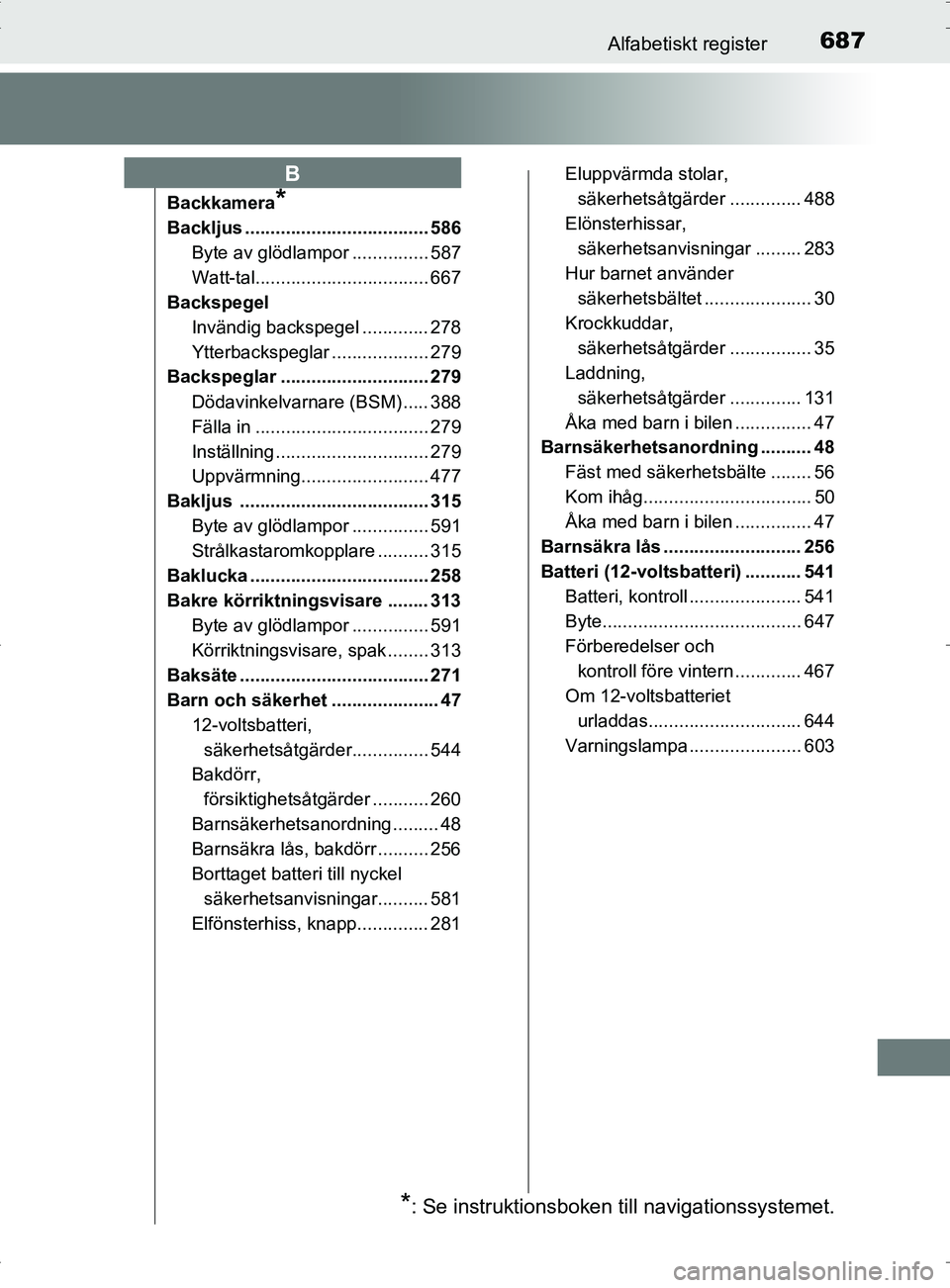 TOYOTA PRIUS PLUG-IN HYBRID 2017 Bruksanvisningar (in Swedish) 687Alfabetiskt register
OM47A89SE
Backkamera*
Backljus .................................... 586Byte av glödlampor ............... 587
Watt-tal.................................. 667
Backspegel
Invänd TOYOTA PRIUS PLUG-IN HYBRID 2017 Bruksanvisningar (in Swedish) 687Alfabetiskt register
OM47A89SE
Backkamera*
Backljus .................................... 586Byte av glödlampor ............... 587
Watt-tal.................................. 667
Backspegel
Invänd