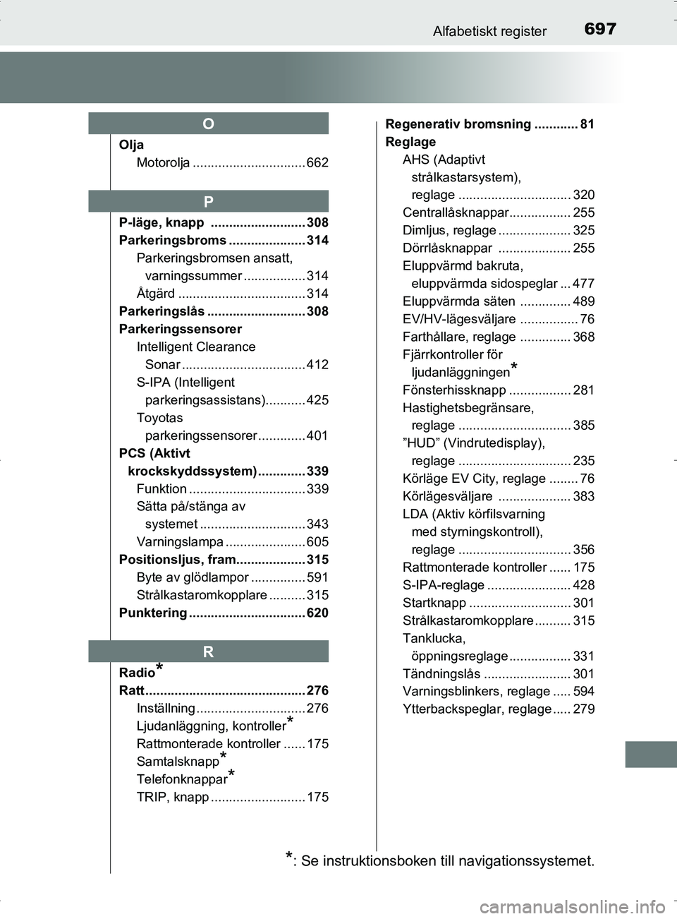 TOYOTA PRIUS PLUG-IN HYBRID 2017 Bruksanvisningar (in Swedish) 697Alfabetiskt register
OM47A89SE
OljaMotorolja ............................... 662
P-läge, knapp .......................... 308
Parkeringsbroms ..................... 314 Parkeringsbromsen ansatt, v TOYOTA PRIUS PLUG-IN HYBRID 2017 Bruksanvisningar (in Swedish) 697Alfabetiskt register
OM47A89SE
OljaMotorolja ............................... 662
P-läge, knapp .......................... 308
Parkeringsbroms ..................... 314 Parkeringsbromsen ansatt, v