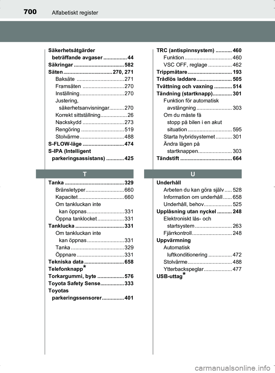 TOYOTA PRIUS PLUG-IN HYBRID 2017 Bruksanvisningar (in Swedish) 700Alfabetiskt register
OM47A89SE
Säkerhetsåtgärder beträffande avgaser ................ 44
Säkringar .................................. 582
Säten ................................. 270, 271 Baks TOYOTA PRIUS PLUG-IN HYBRID 2017 Bruksanvisningar (in Swedish) 700Alfabetiskt register
OM47A89SE
Säkerhetsåtgärder beträffande avgaser ................ 44
Säkringar .................................. 582
Säten ................................. 270, 271 Baks