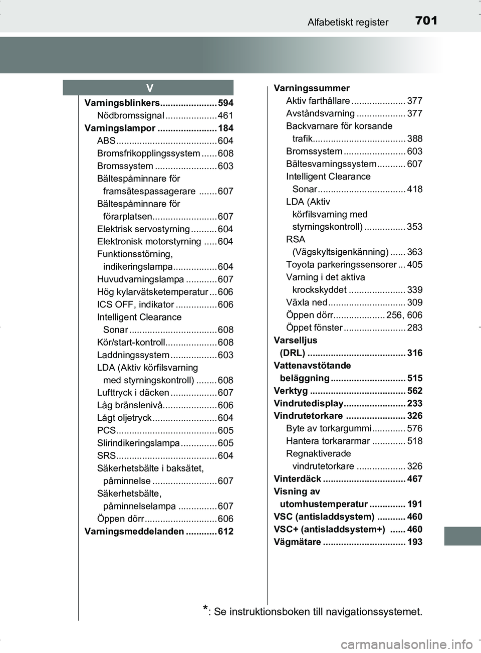 TOYOTA PRIUS PLUG-IN HYBRID 2017 Bruksanvisningar (in Swedish) 701Alfabetiskt register
OM47A89SE
Varningsblinkers...................... 594Nödbromssignal .................... 461
Varningslampor ....................... 184 ABS .................................... TOYOTA PRIUS PLUG-IN HYBRID 2017 Bruksanvisningar (in Swedish) 701Alfabetiskt register
OM47A89SE
Varningsblinkers...................... 594Nödbromssignal .................... 461
Varningslampor ....................... 184 ABS ....................................