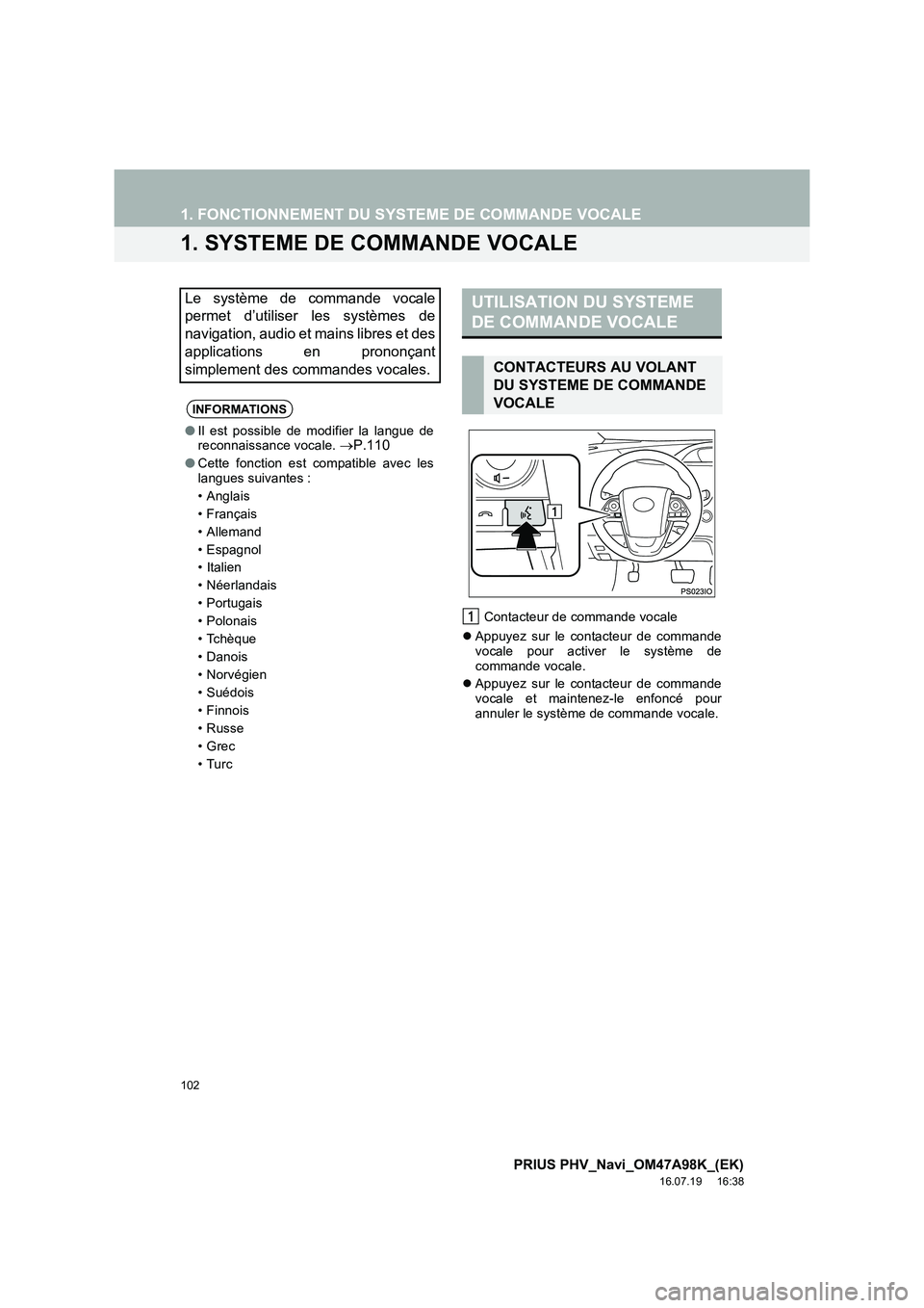 TOYOTA PRIUS PLUG-IN HYBRID 2016  Manuel du propriétaire (in French) 102
PRIUS PHV_Navi_OM47A98K_(EK)
16.07.19     16:38
1. FONCTIONNEMENT DU SYSTEME DE COMMANDE VOCALE
1. SYSTEME DE COMMANDE VOCALE
Contacteur de commande vocale
�z Appuyez sur le contacteur de commande