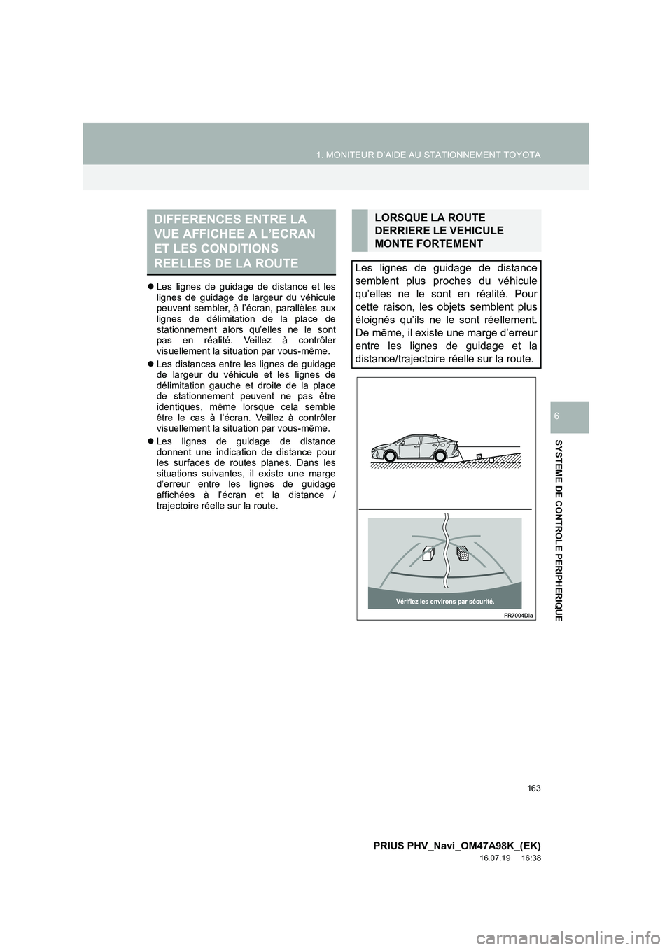 TOYOTA PRIUS PLUG-IN HYBRID 2016  Manuel du propriétaire (in French) 163
1. MONITEUR D’AIDE AU STATIONNEMENT TOYOTA
PRIUS PHV_Navi_OM47A98K_(EK)
16.07.19     16:38
SYSTEME DE CONTROLE PERIPHERIQUE
6
�zLes lignes de guidage de distance et les
lignes de guidage de larg