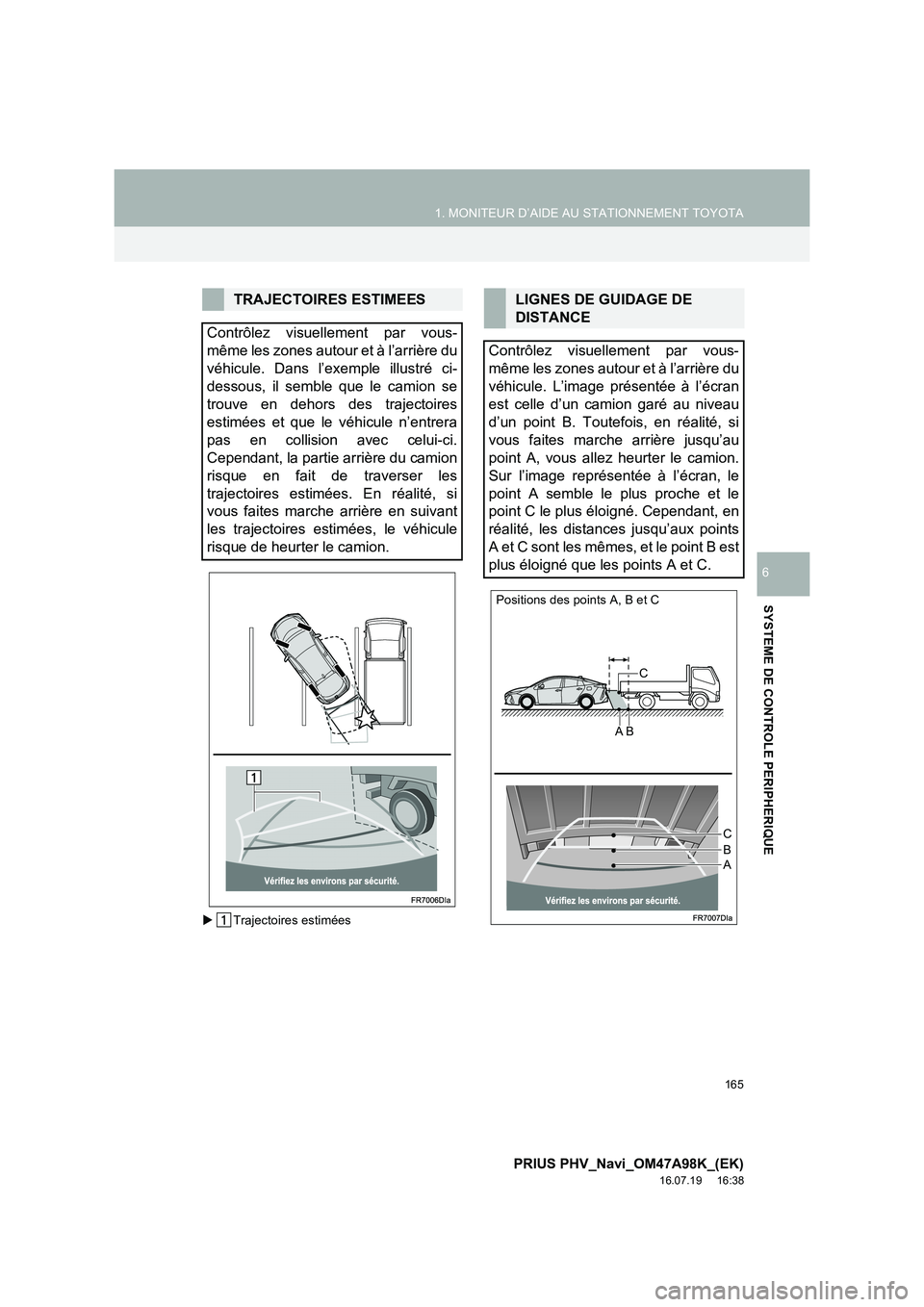 TOYOTA PRIUS PLUG-IN HYBRID 2016  Manuel du propriétaire (in French) 165
1. MONITEUR D’AIDE AU STATIONNEMENT TOYOTA
PRIUS PHV_Navi_OM47A98K_(EK)
16.07.19     16:38
SYSTEME DE CONTROLE PERIPHERIQUE
6
�X Trajectoires estimées
TRAJECTOIRES ESTIMEES
Contrôlez visuellem