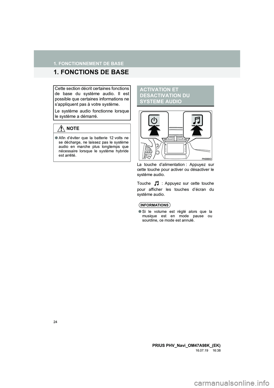 TOYOTA PRIUS PLUG-IN HYBRID 2016  Manuel du propriétaire (in French) 24
PRIUS PHV_Navi_OM47A98K_(EK)
16.07.19     16:38
1. FONCTIONNEMENT DE BASE
1. FONCTIONS DE BASE
La touche d’alimentation : Appuyez sur
cette touche pour activer ou désactiver le
système audio.
T