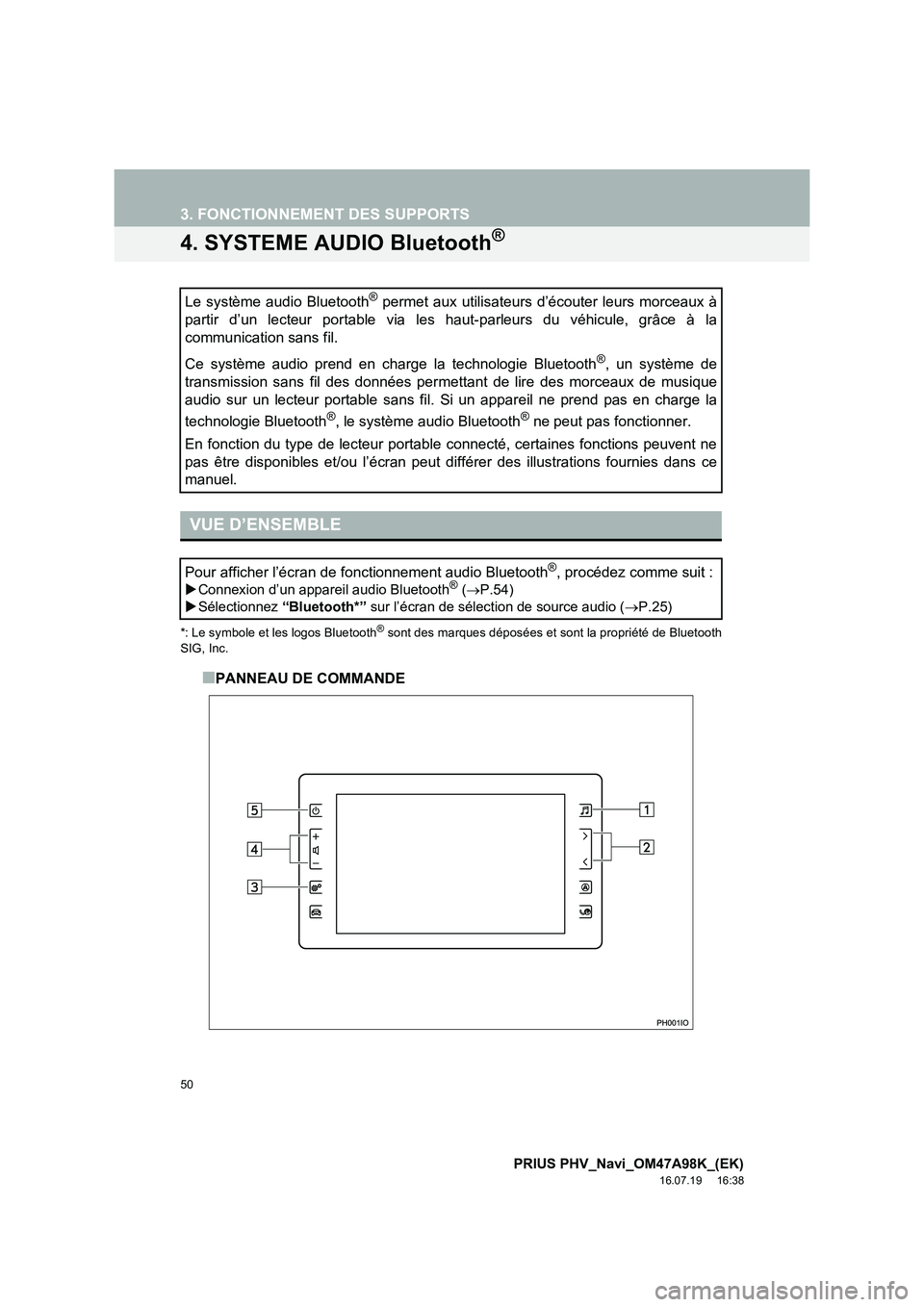 TOYOTA PRIUS PLUG-IN HYBRID 2016  Manuel du propriétaire (in French) 50
3. FONCTIONNEMENT DES SUPPORTS
PRIUS PHV_Navi_OM47A98K_(EK)
16.07.19     16:38
4. SYSTEME AUDIO Bluetooth®
*: Le symbole et les logos Bluetooth® sont des marques déposées et sont la propriété