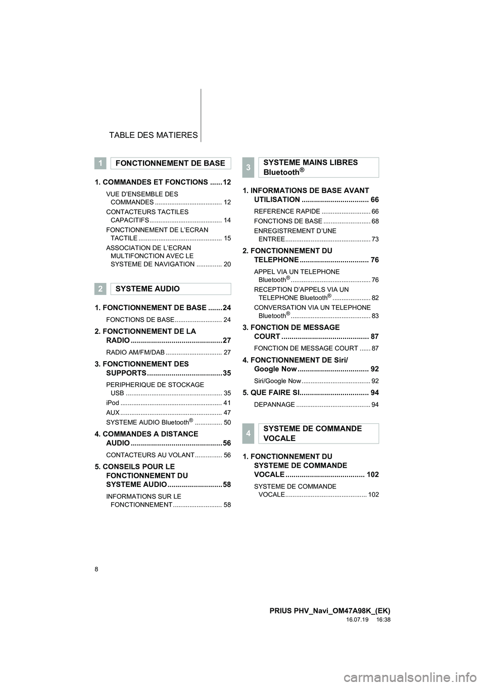 TOYOTA PRIUS PLUG-IN HYBRID 2016 Manuel du propriétaire (in French) TABLE DES MATIERES
8
PRIUS PHV_Navi_OM47A98K_(EK)
16.07.19 16:38
1. COMMANDES ET FONCTIONS ...... 12
VUE D’ENSEMBLE DES COMMANDES ..................................... 12
CONTACTEURS TACTILES C TOYOTA PRIUS PLUG-IN HYBRID 2016 Manuel du propriétaire (in French) TABLE DES MATIERES
8
PRIUS PHV_Navi_OM47A98K_(EK)
16.07.19 16:38
1. COMMANDES ET FONCTIONS ...... 12
VUE D’ENSEMBLE DES COMMANDES ..................................... 12
CONTACTEURS TACTILES C