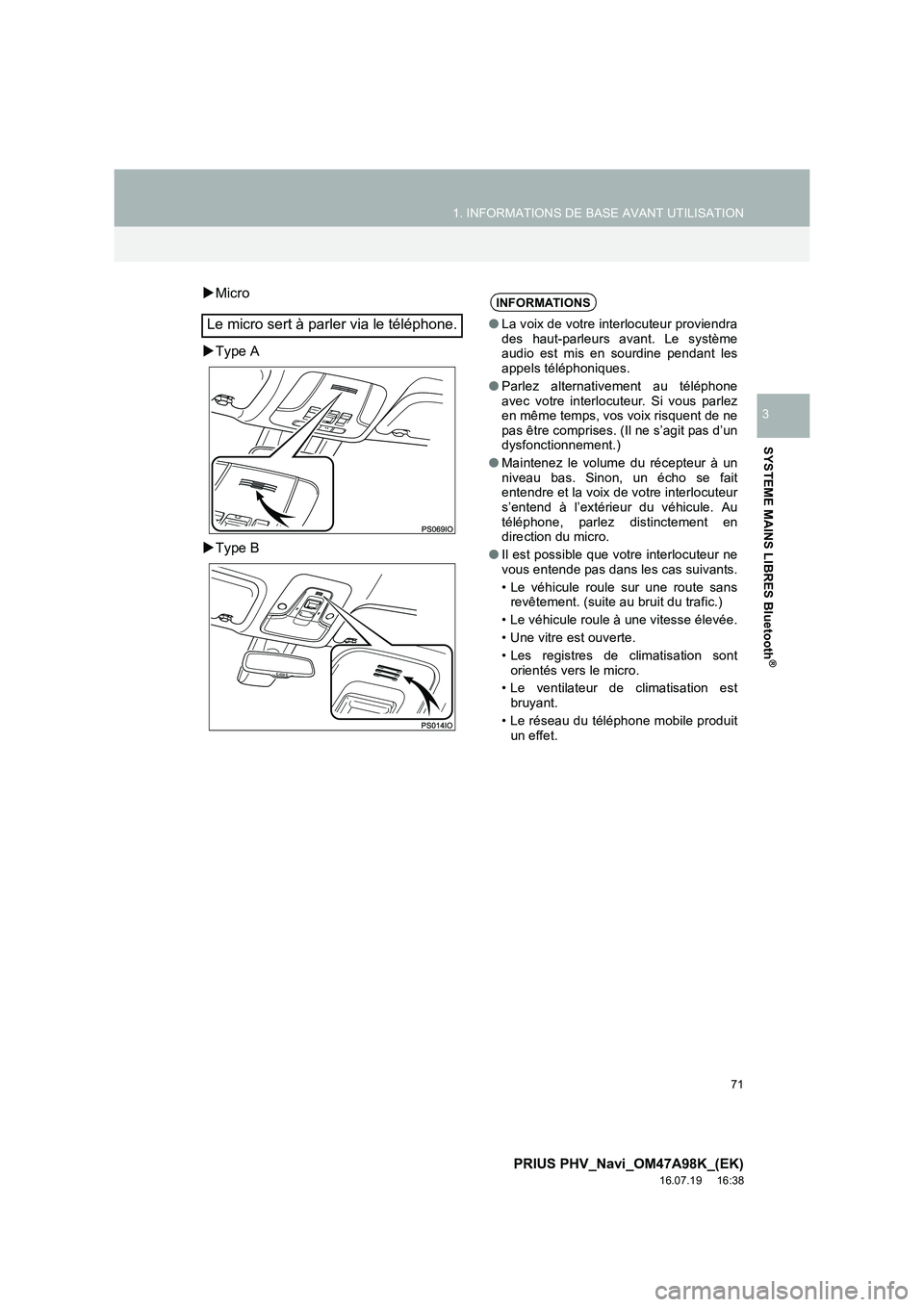 TOYOTA PRIUS PLUG-IN HYBRID 2016  Manuel du propriétaire (in French) 71
1. INFORMATIONS DE BASE AVANT UTILISATION
PRIUS PHV_Navi_OM47A98K_(EK)
16.07.19     16:38
SYSTEME MAINS LIBRES Bluetooth
®
3
�XMicro
�X Type A
�X Type B
Le micro sert à parler via le téléphone.
