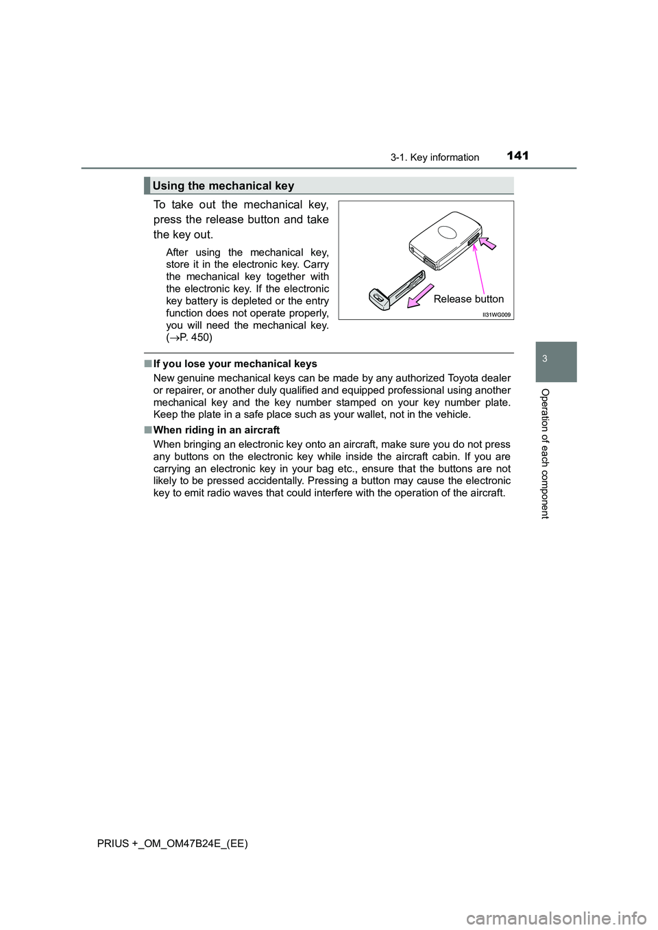 TOYOTA PRIUS PLUS 2016  Owners Manual 1413-1. Key information
3
Operation of each component
PRIUS +_OM_OM47B24E_(EE)
To take out the mechanical key,
press the release button and take
the key out. 
After using the mechanical key,
store it 