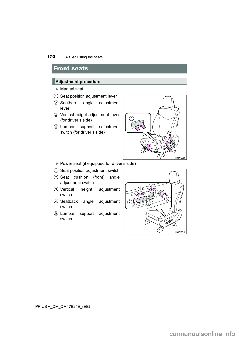 TOYOTA PRIUS PLUS 2016  Owners Manual 1703-3. Adjusting the seats
PRIUS +_OM_OM47B24E_(EE)
Front seats
�XManual seat
Seat position adjustment lever
Seatback angle adjustment
lever
Vertical height adjustment lever
(for driver’s side)
Lum