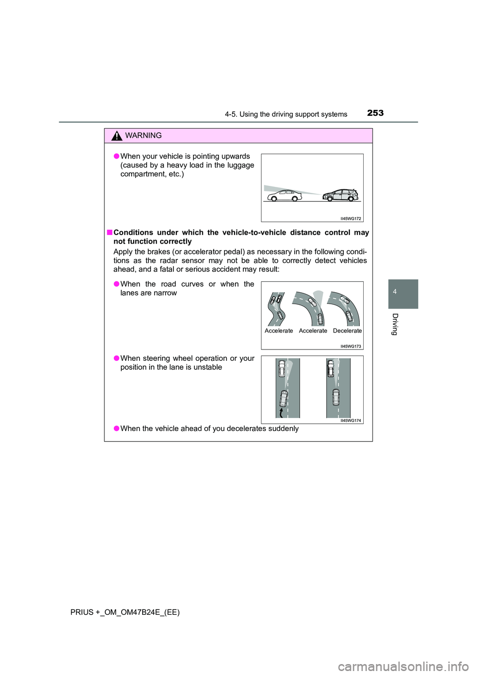 TOYOTA PRIUS PLUS 2016 User Guide 2534-5. Using the driving support systems
4
Driving
PRIUS +_OM_OM47B24E_(EE)
WARNING
■ Conditions under which the vehicle-to-vehicle distance control may
not function correctly
Apply the brakes (or 