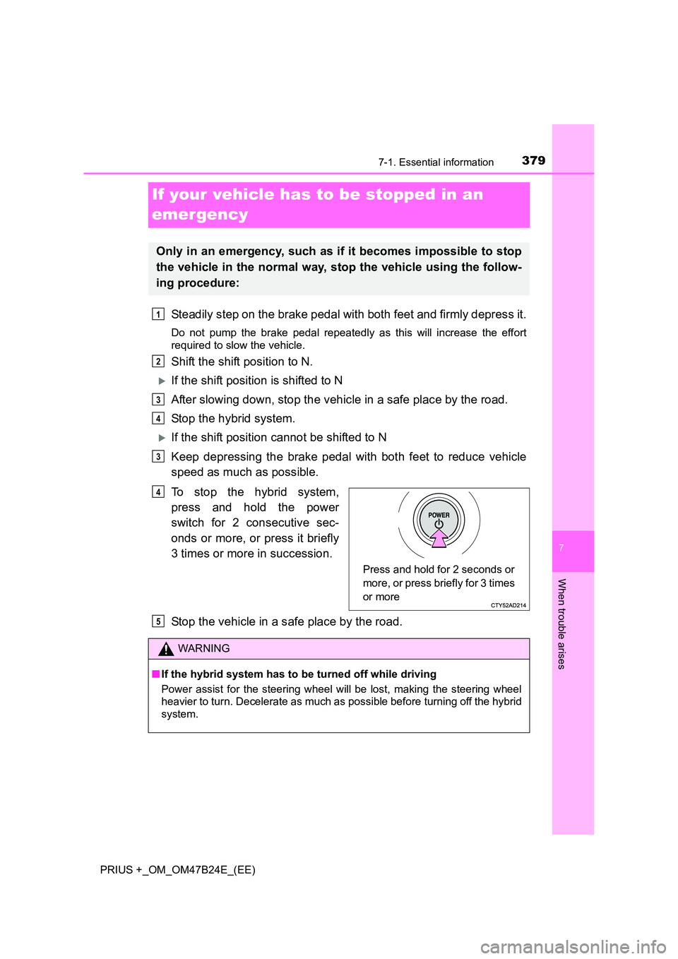 TOYOTA PRIUS PLUS 2016  Owners Manual 3797-1. Essential information
PRIUS +_OM_OM47B24E_(EE)
7
When trouble arises
If your vehicle has to be stopped in an 
emergency
Steadily step on the brake pedal with both feet and firmly depress it.
D