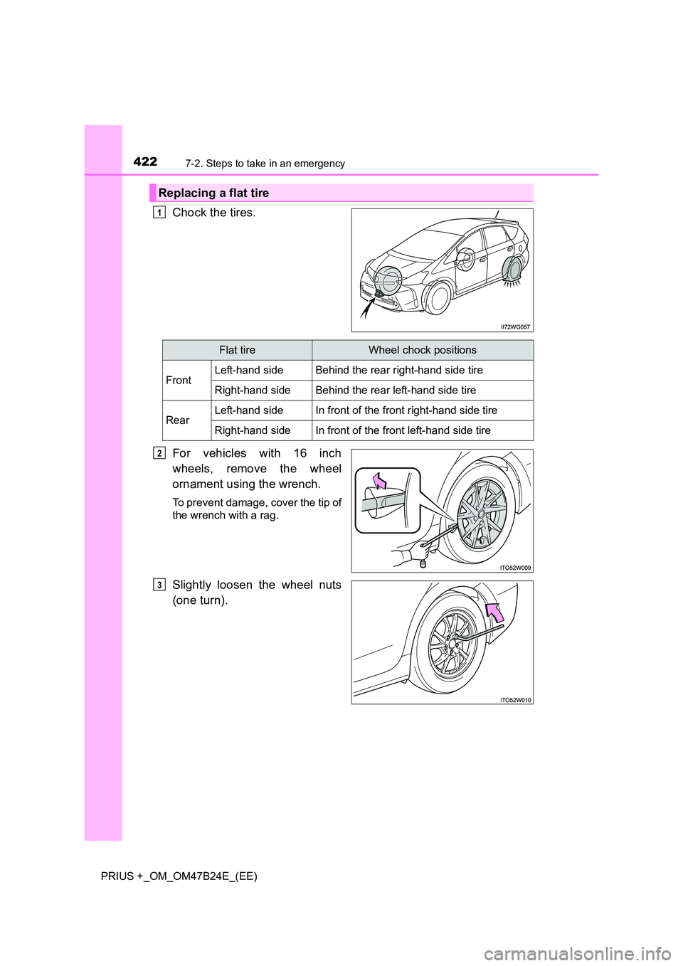TOYOTA PRIUS PLUS 2016  Owners Manual 4227-2. Steps to take in an emergency
PRIUS +_OM_OM47B24E_(EE)
Chock the tires.
For vehicles with 16 inch
wheels, remove the wheel
ornament using the wrench.
To prevent damage, cover the tip of
the wr