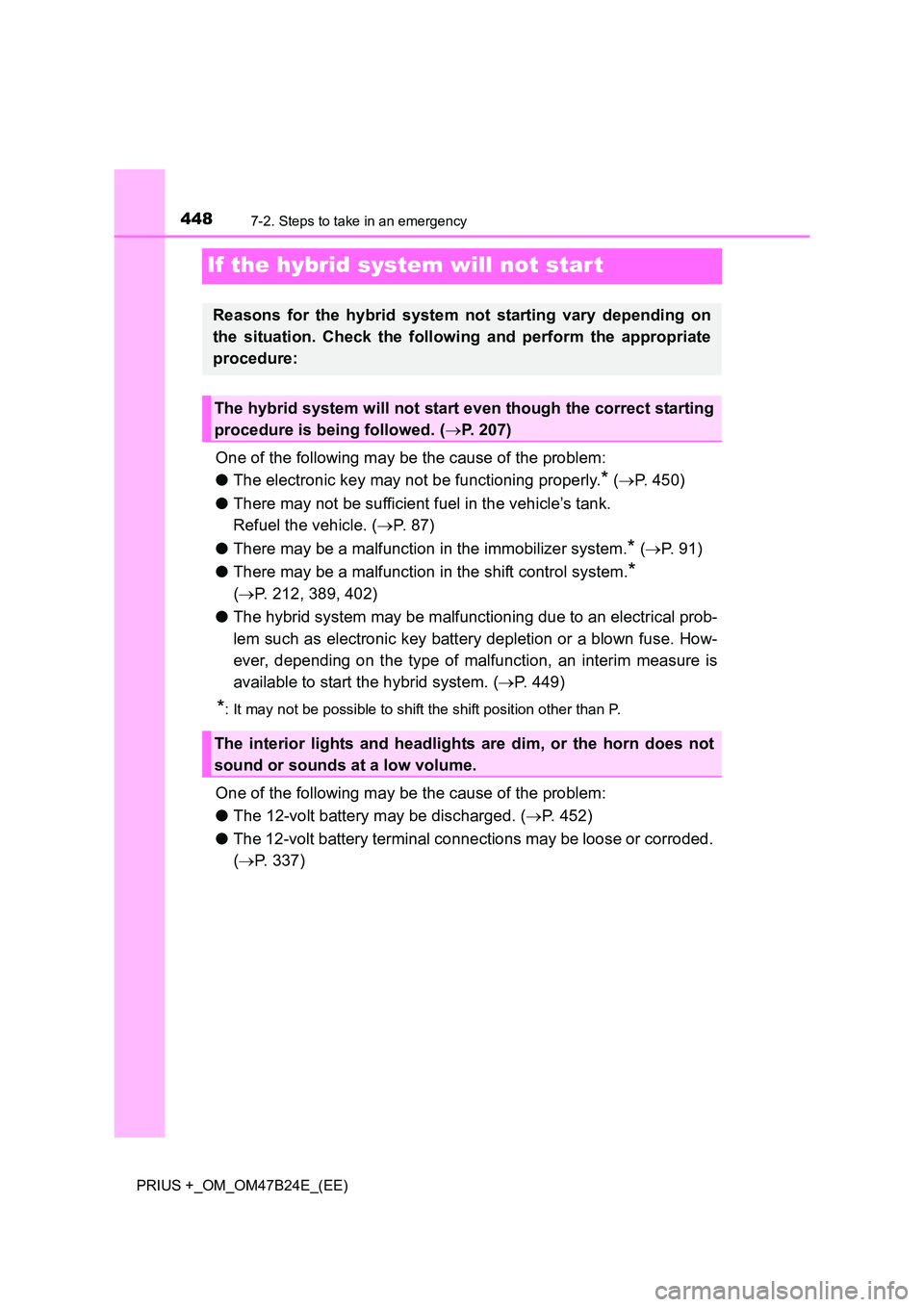 TOYOTA PRIUS PLUS 2016  Owners Manual 4487-2. Steps to take in an emergency
PRIUS +_OM_OM47B24E_(EE)
If the hybrid system will not start
One of the following may be the cause of the problem:
●The electronic key may not be functioning pr