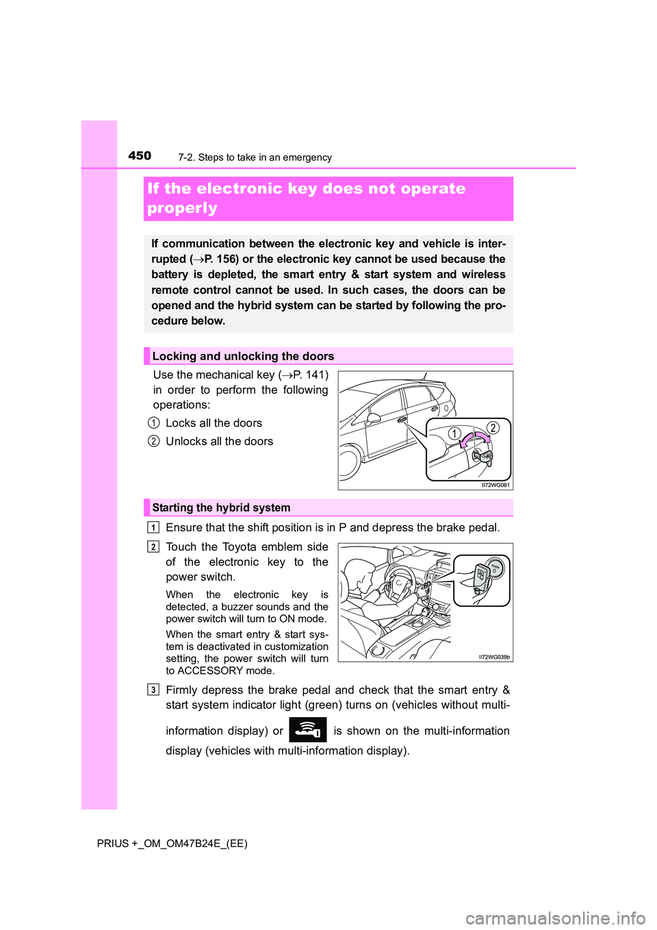 TOYOTA PRIUS PLUS 2016  Owners Manual 4507-2. Steps to take in an emergency
PRIUS +_OM_OM47B24E_(EE)
If the electronic key does not operate 
properly
Use the mechanical key (→P. 141)
in order to perform the following
operations:
Locks a