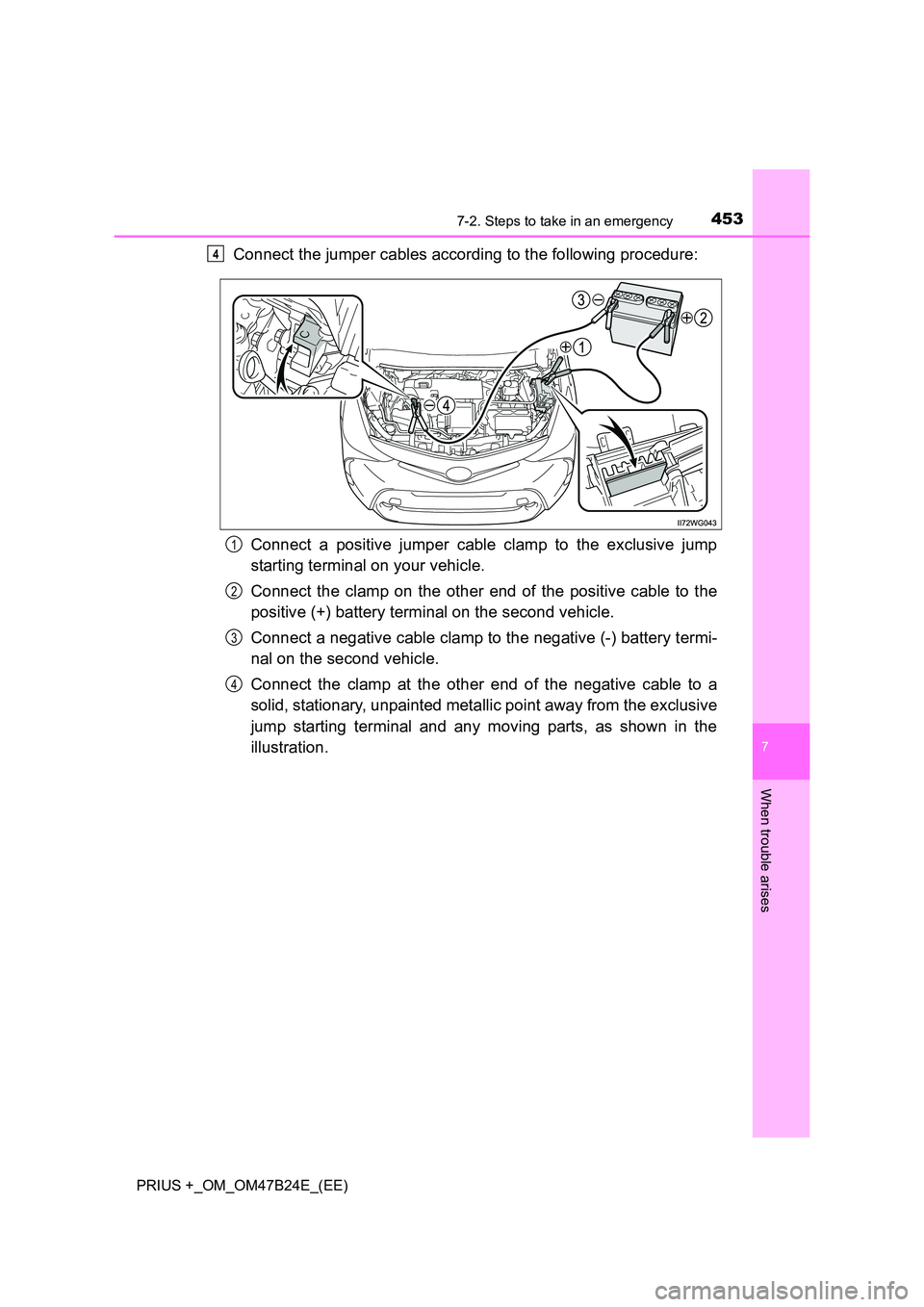 TOYOTA PRIUS PLUS 2016  Owners Manual 4537-2. Steps to take in an emergency
PRIUS +_OM_OM47B24E_(EE)
7
When trouble arises
Connect the jumper cables according to the following procedure:Connect a positive jumper cable clamp to the exclusi