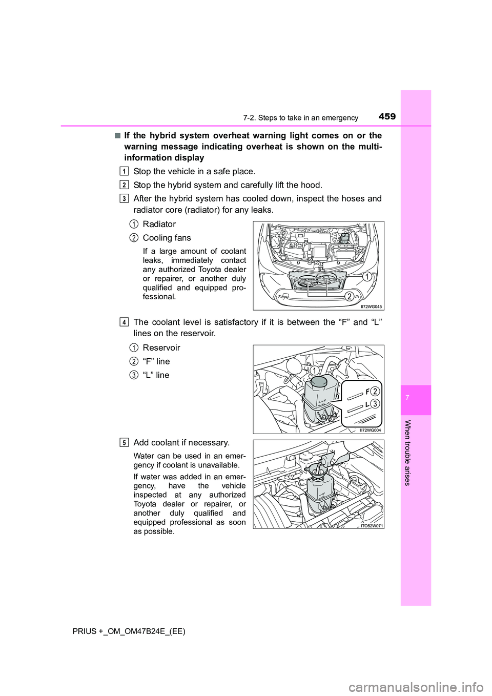 TOYOTA PRIUS PLUS 2016  Owners Manual 4597-2. Steps to take in an emergency
PRIUS +_OM_OM47B24E_(EE)
7
When trouble arises
■If the hybrid system overheat warning light comes on or the
warning message indicating overheat is shown on the 