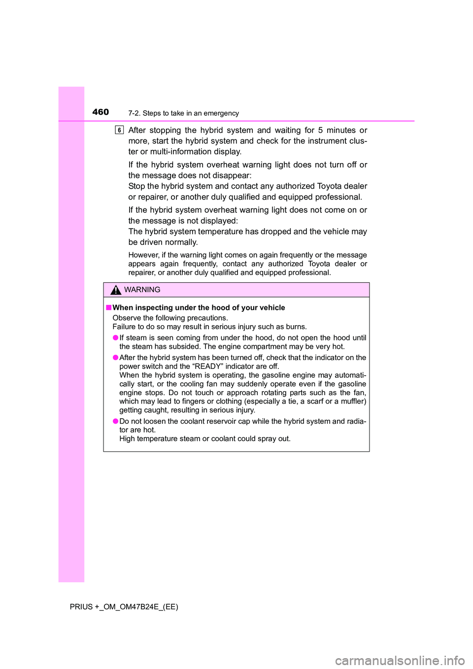 TOYOTA PRIUS PLUS 2016  Owners Manual 4607-2. Steps to take in an emergency
PRIUS +_OM_OM47B24E_(EE)
After stopping the hybrid system and waiting for 5 minutes or
more, start the hybrid system and check for the instrument clus-
ter or mul