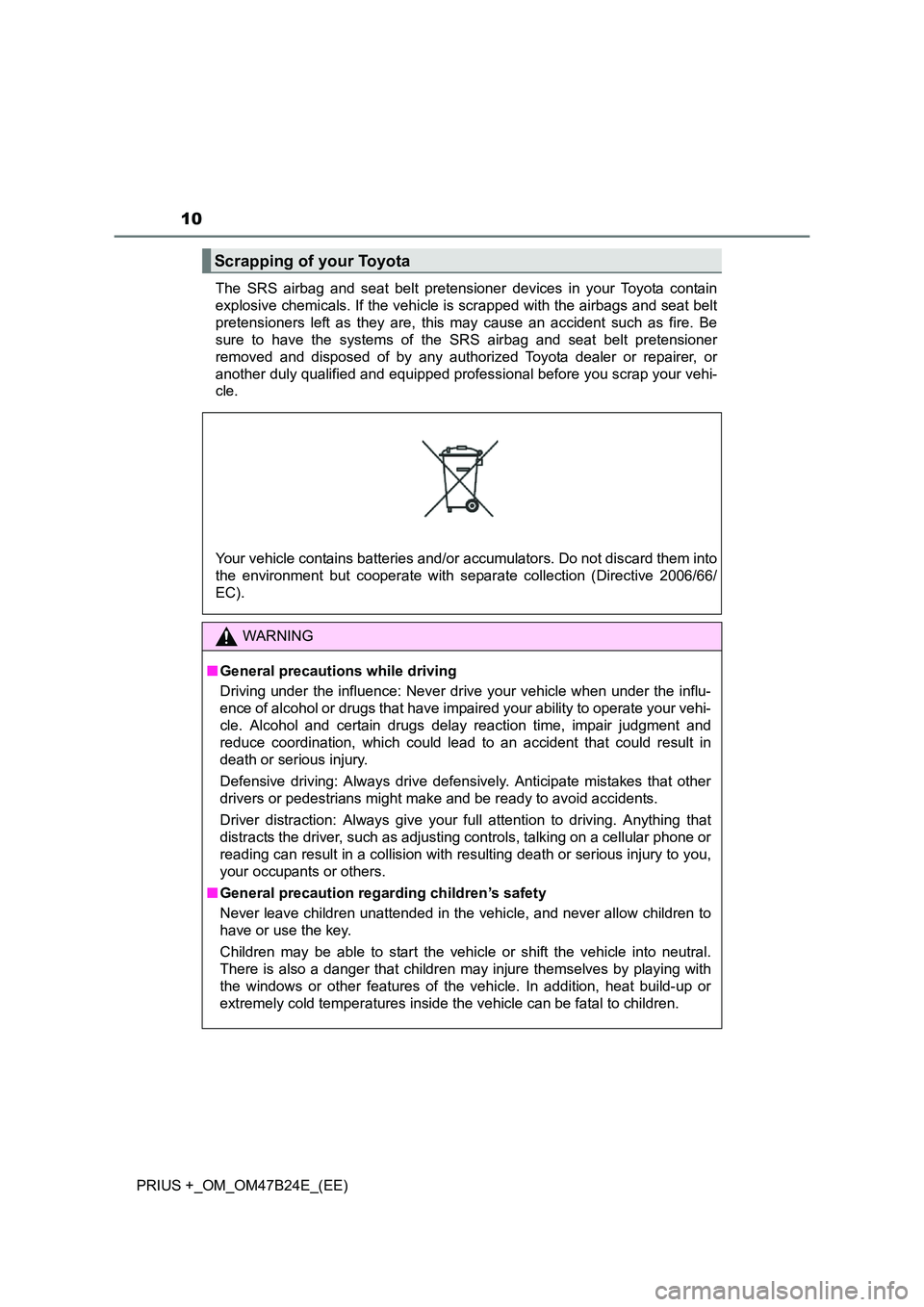 TOYOTA PRIUS PLUS 2016 Owners Manual 10
PRIUS +_OM_OM47B24E_(EE)The SRS airbag and seat belt pretensioner devices in your Toyota contain
explosive chemicals. If the vehicle is scrapped with the airbags and seat belt
pretensioners left as TOYOTA PRIUS PLUS 2016 Owners Manual 10
PRIUS +_OM_OM47B24E_(EE)The SRS airbag and seat belt pretensioner devices in your Toyota contain
explosive chemicals. If the vehicle is scrapped with the airbags and seat belt
pretensioners left as