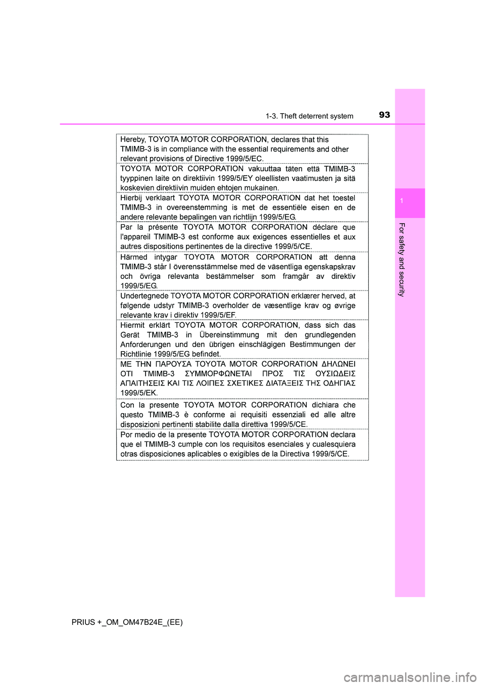TOYOTA PRIUS PLUS 2016  Owners Manual 931-3. Theft deterrent system
1
PRIUS +_OM_OM47B24E_(EE)
For safety and security 