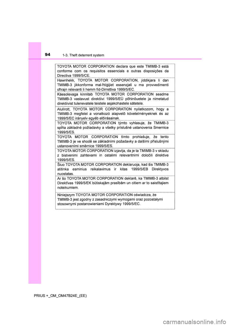 TOYOTA PRIUS PLUS 2016  Owners Manual 941-3. Theft deterrent system
PRIUS +_OM_OM47B24E_(EE) 