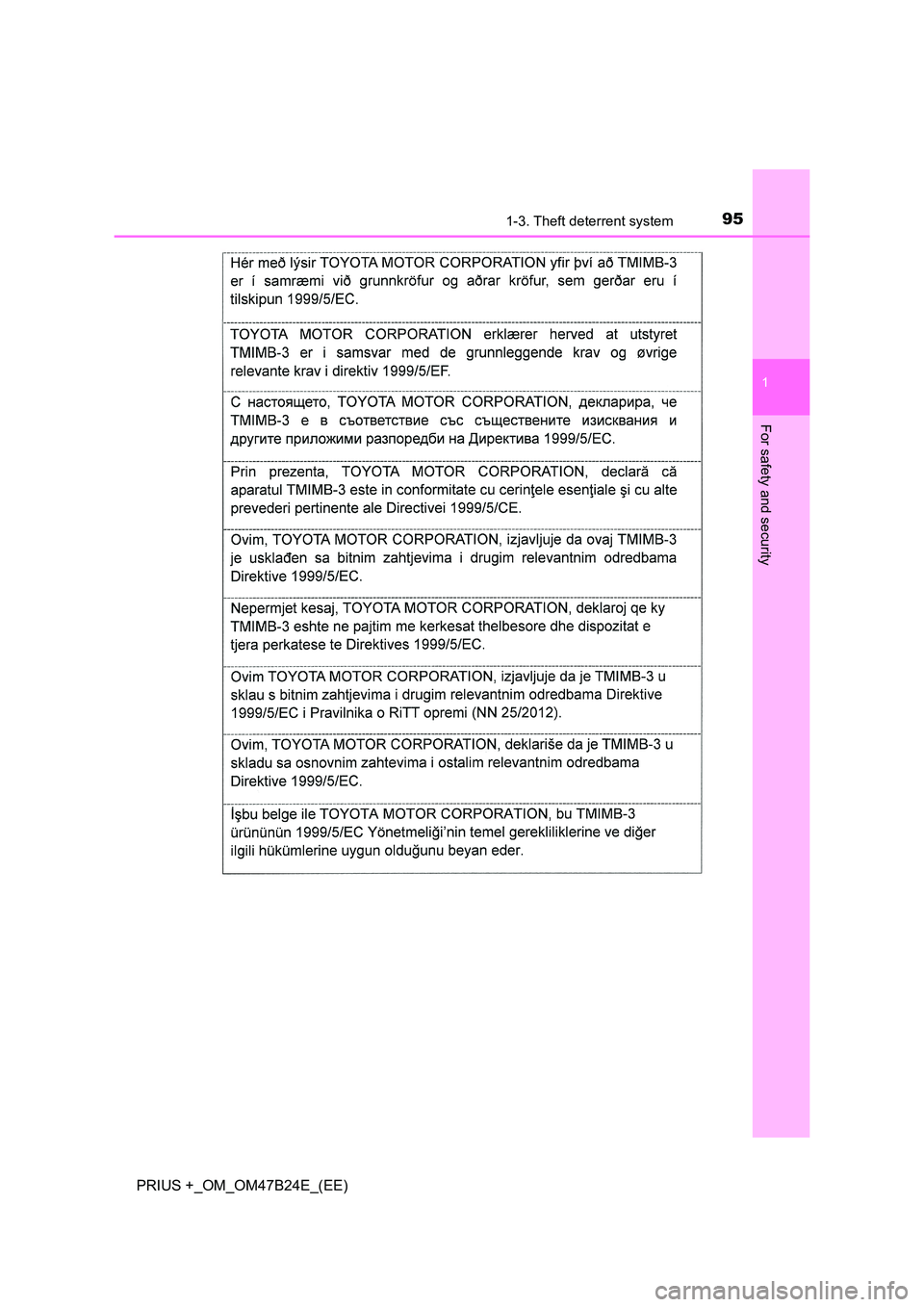 TOYOTA PRIUS PLUS 2016  Owners Manual 951-3. Theft deterrent system
1
PRIUS +_OM_OM47B24E_(EE)
For safety and security 