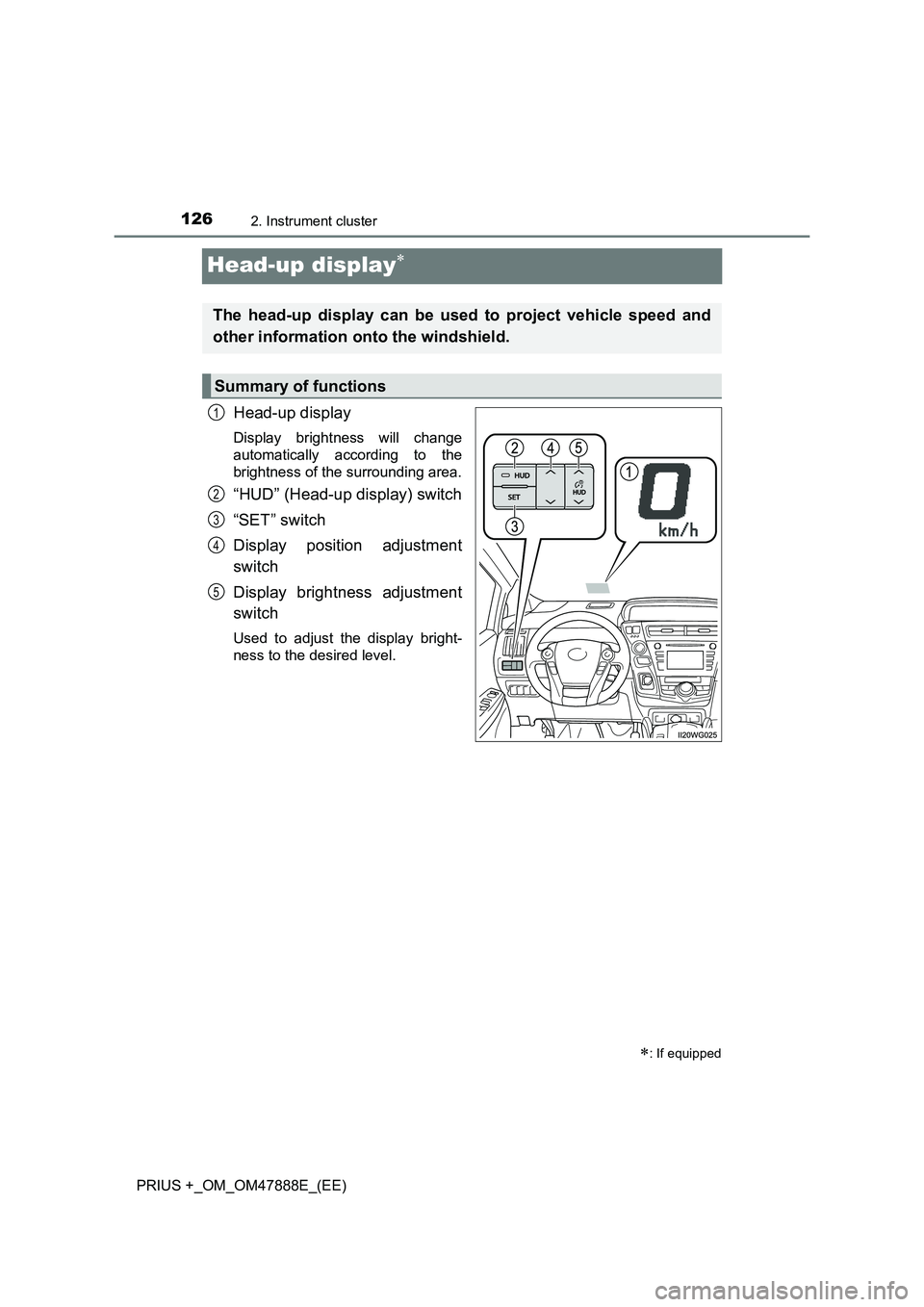 TOYOTA PRIUS PLUS 2014  Owners Manual 1262. Instrument cluster
PRIUS +_OM_OM47888E_(EE)
Head-up display∗
Head-up display
Display brightness will change
automatically according to the
brightness of the surrounding area.
“HUD” (Head-u